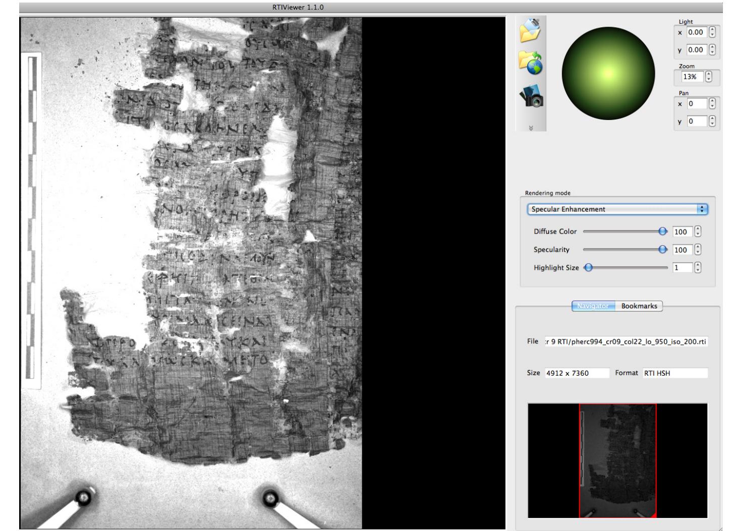 Figure 5. RTI image of P. Herc. 994 cr. 9 displayed with RTIViewer v.1.1 (RTI image Kathryn Piquette/B.N.N., copyright, all rights reserved)