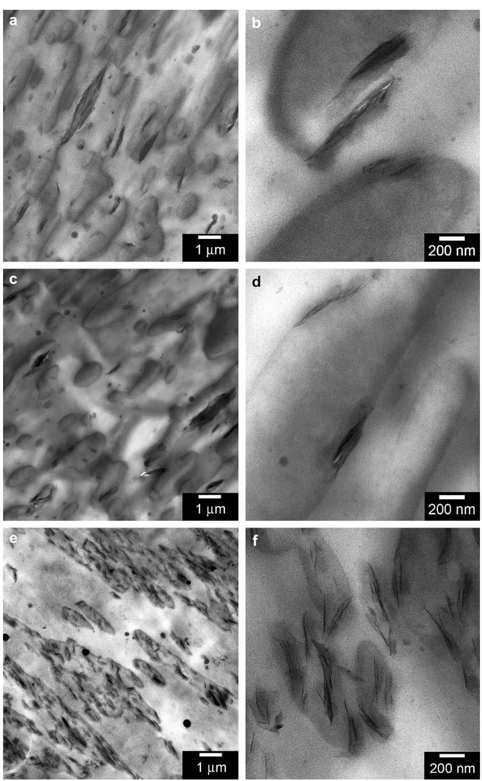 Fig. 5. TEM micrographs of ternary nanocomposites with Cloisite®30B: (a), (c) and (e): micrographs with magnification of 7100 of the mixtures M1, M2 and M3, respectively; (t (d) and (f): micrographs with magnification of 40,000 of the mixtures M1, M2 and M3, respectively. 