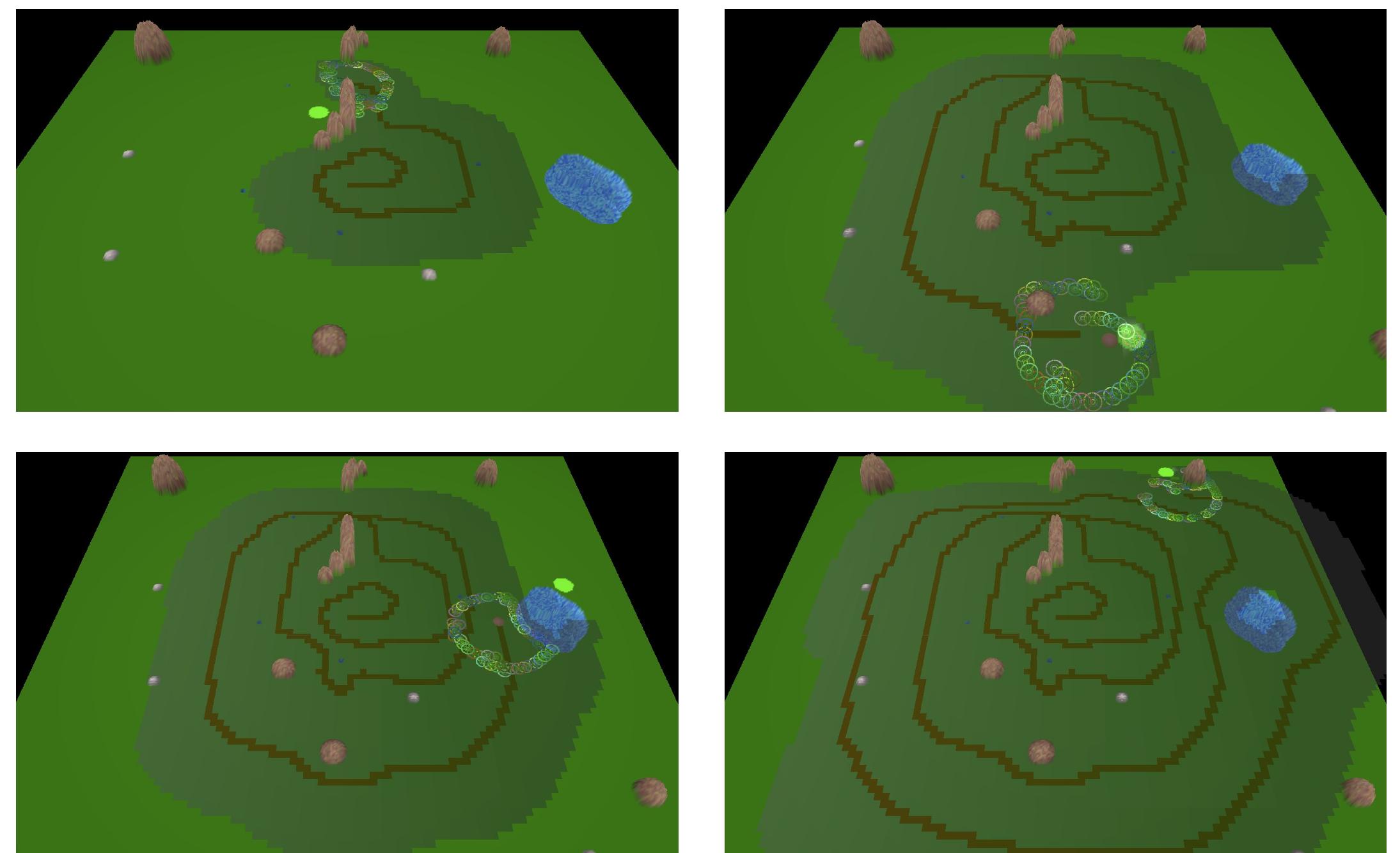 Fig. 5. Screenshots taken during a simulation of 50 vehicles exploring a 100 x 100 km terrain. The bright green spot is the goal of the goal pursuit fiel the brown formations are mountains, the blue ellipses are lakes, the small circles are the vehicles maintaining the optimal communication ranges, the dat trace is the trajectory followed by the group’s centroid, the dark green area is the terrain visited by the vehicles. 