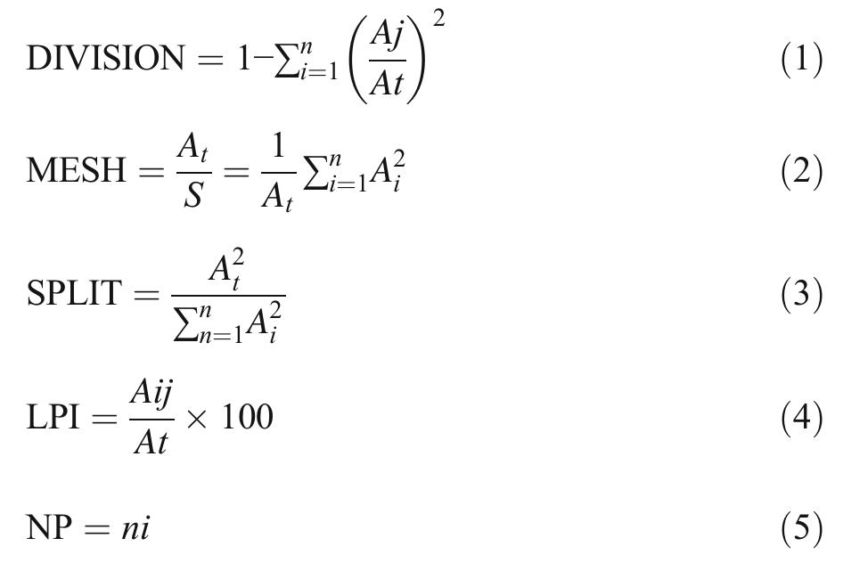 DIVISION (Eq. 1) shows  the occurrence probability  of two randomly selected points into dissected patches  of a certain class (Aj) (Jaeger  2000). This metric obtains  values ranging from 0, when the landscape consists of  one single patch, to 1, when  the landscape is consider-  ably subdivided and each patch corresponds to a land- scape unit (Rutledge 2003; Jaeger 2000). MESH (Eq. 2) denotes the area (ha) that a random point can move without leaving its corresponding patch (Jaeger 2000). MESH values are constrained between the total land- scape area (A?) at the upper limit and the ratio of cell size to landscape area at the lower limit (Jaeger 2000;  Rutledge 2003). SPLIT (Eq. patch area distribution and is ber of a class when the land number of equally sized patc as the landscape becomes su  3) signifies the cumulative defined as the patch num- scape is subdivided into a hes. SPLIT values increase bdivided from 1 (when the  landscape consists of a single patch) to where patch  sizes are as small as the 2003; Jaeger 2000). LPI (Eq  andscape unit (Rutledge . 4) shows the percentage  area of the landscape occupied by the largest patch of  class j (Aj) and the number o  f patches (Eq. 5) is defined  as the number of patches (”;) (McGarigal et al. 2002).  Evaluating the environmental value of roadless areas  area of the landscape occupied by the largest patch of  The environmental value of roadless areas was investi- gated using the spatial multi-criteria evaluation proce- dure (Ibisch et al. 2016). To this end, the most important criteria and their respective sub-criteria were identified 