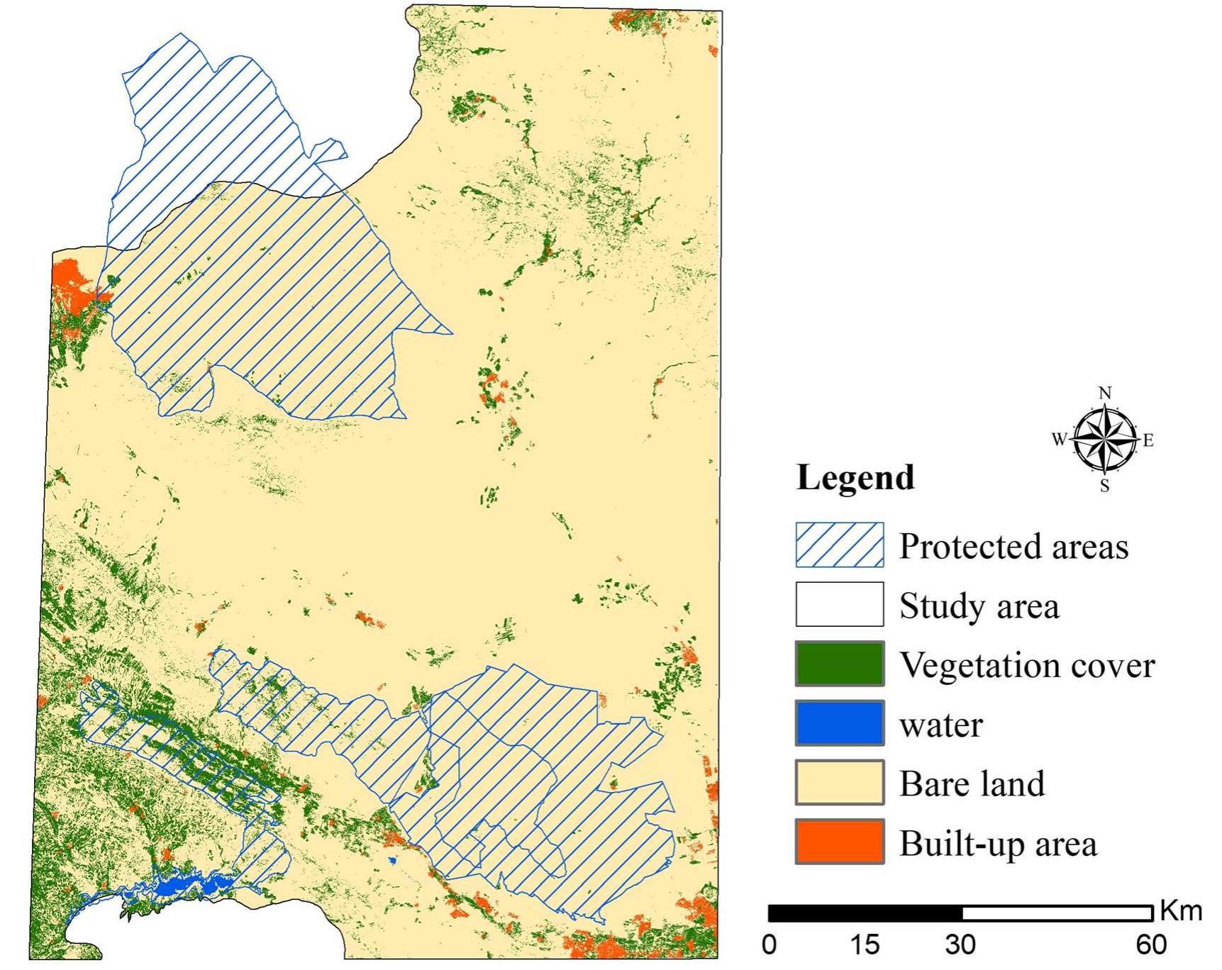 Fig. 3 LULC map of the region including four classes: vegetation, water, bare land, and built-up area 
