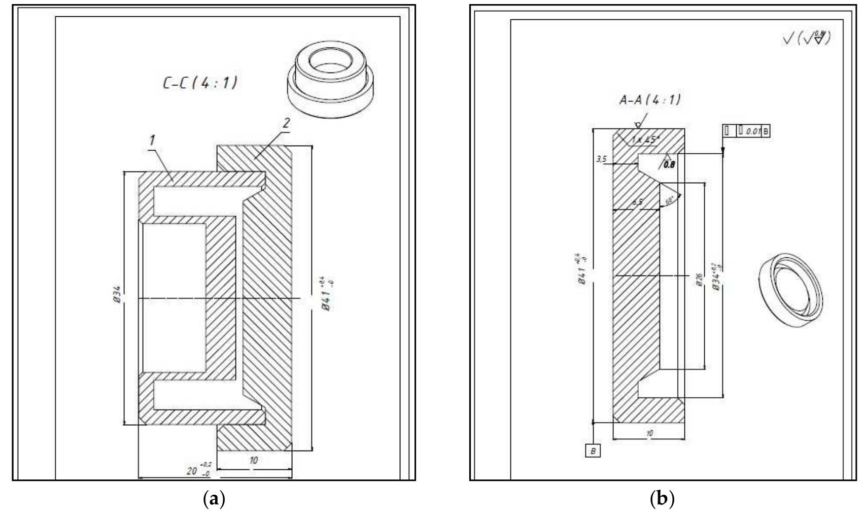 Figure 2. Schematic presentation of (a) the chamber and (b) the cover.  Mechanical loading in CACO2-2 cell culture SMAS was used for the simulation of NiTi orthodontic  archwires [23] with the reconstruction, which represents exhibits excellent mechanical and dimensional stability, and  created, so that the CACO2-2 cell culture medium was in con  he additional installation of a chamber  Figure 2a,b) with the volume 4 mL. The chamber was made from polymer material (plexiglass), which  it is highly inert. It also lacks any metal  hat could contaminate the results, and it is not electro-conductive. The chamber construction was tinuous contact with the archwires during esting in the SMAS: The archwires that were inside the SMAS went through the chamber in one  part of their length. The chamber was closed with a cover  cover, which was further surrounded by silicone to entirely s  hat was made from the same material as  he chamber to prevent leaking and evaporation of the liquid. Evaporation was prevented using the  eal the chamber, therefore that amount of  medium could be placed inside it during the experiment. For the purpose of this study, the archwires  were immersed in CACO-2 cell culture medium inside the chamber. 