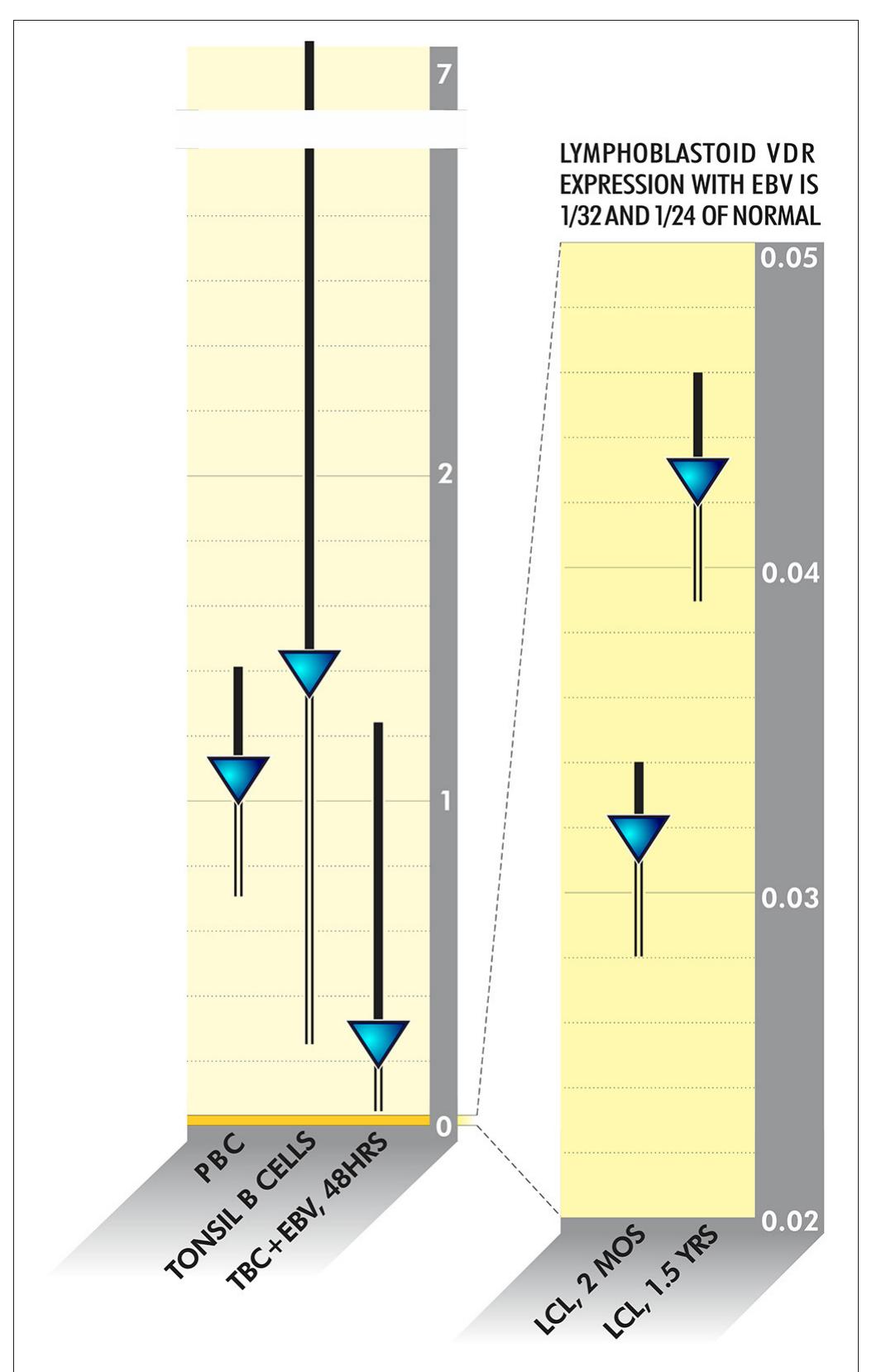 FIGURE 4 | VDR activity is downregulated as much as 20 times in Epstein Barr Virus-infected lymphoblastoid cell lines (128).