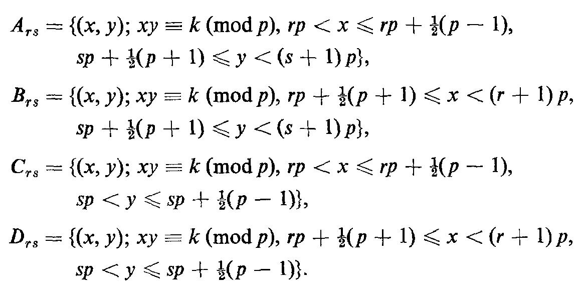Proof. For this construction it is more convenient to have the origin at a different point of the square. Thus we define T;,, to be the set of points (x, y)€Z? with —3(p — 1) <x <p-+ (p — J), and we will show that there is a no-three-in-line subset of T,, containing 3(p — 1) points.  Choose any integer k + 0 (mod p). For each pair of integers (r, s) we define the following subsets of (kK, p):  Each of these four families of subsets consists of congruent sets, and no two sets from different families are congruent. Furthermore, if two points of A(k, p) are congruent, then they must both belong to the union of the same family. In other words, the unions A = \),, 4,,, B= Urs Bre» C=.C., D=Ur.D-, consist of complete congruence classes of points of H(k, p).  Our no-three-in-line subset of 7;,, is 