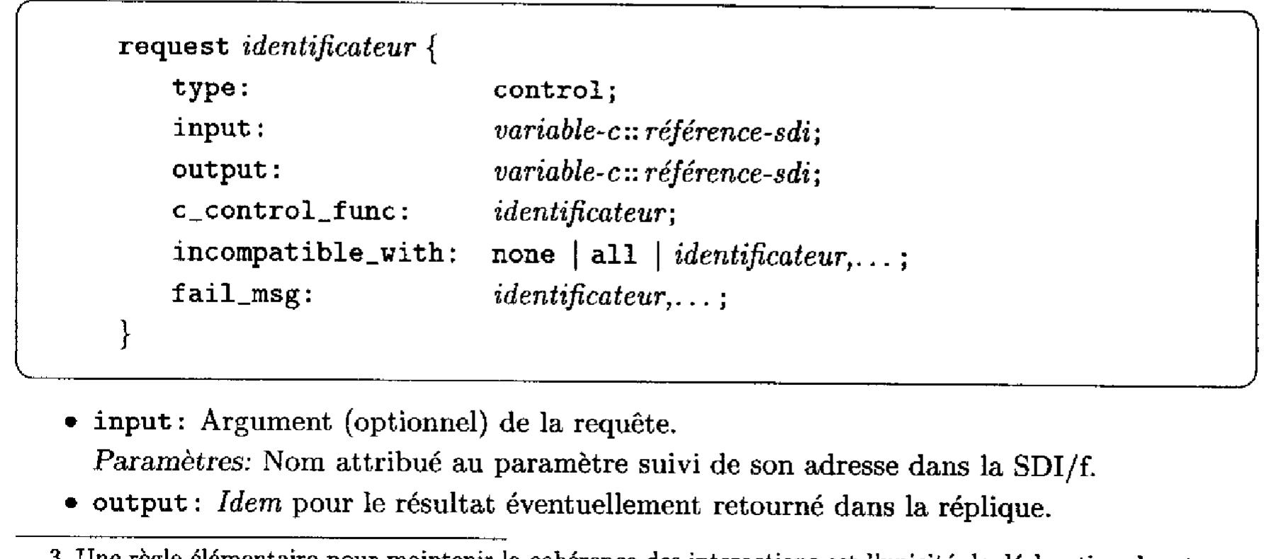 Un exemple trés général de déclaration de SDI/f est donné ci-dessous:  Si le module accéde & des services ou des données exportées d’un autre module il devra alors manipuler des structures déja définies par cet autre module?. Les fichiers d’en-téte de déclaration de ces structures communes seront également inclus par la directive #include mais celle-ci devra étre intégrée dans une déclaration “import from identificateur” oi: iden- tificateur est le nom du module serveur, 