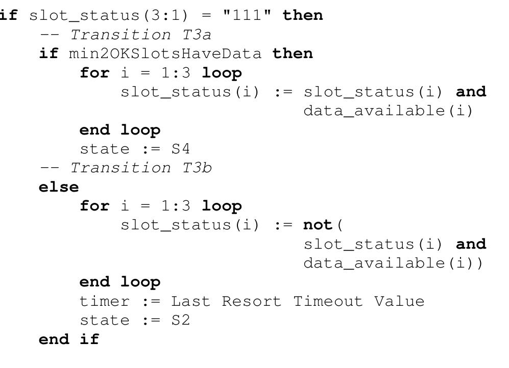 3) State S3: This state is entered once the timeout has expired in state S2, i.e. not every healthy slot received a packet. The state is left under three possible conditions. If only two slots were healthy before, all slots must be marked as faulty and the state machine moves to idle state $1. If all slots were healthy and two packets arrived, the slot without packet is marked as faulty and the state machine moves on to state S4. If three slots were healthy and only one packet arrived, the slot in which this packet arrived is marked as faulty and the Last Resort Timeout value is loaded into the timer. Then, the state machine moves back to state S2. 