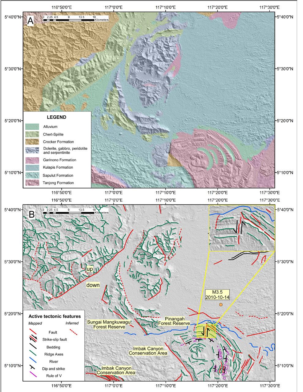 Figure 3: (A) Uninterpreted 30 m SRTM image with geology overlaid on it; (B) Interpreted image shows the mapped geologic and geomorphic features that support the existence of active faults. The truncation of syncline at the western portions is interpreted as a fault. The syncline is exposed as a circular basin with clear evidence for faulting. Small left-lateral strike-slip faults are also mapped (see the yellow rectangular area).