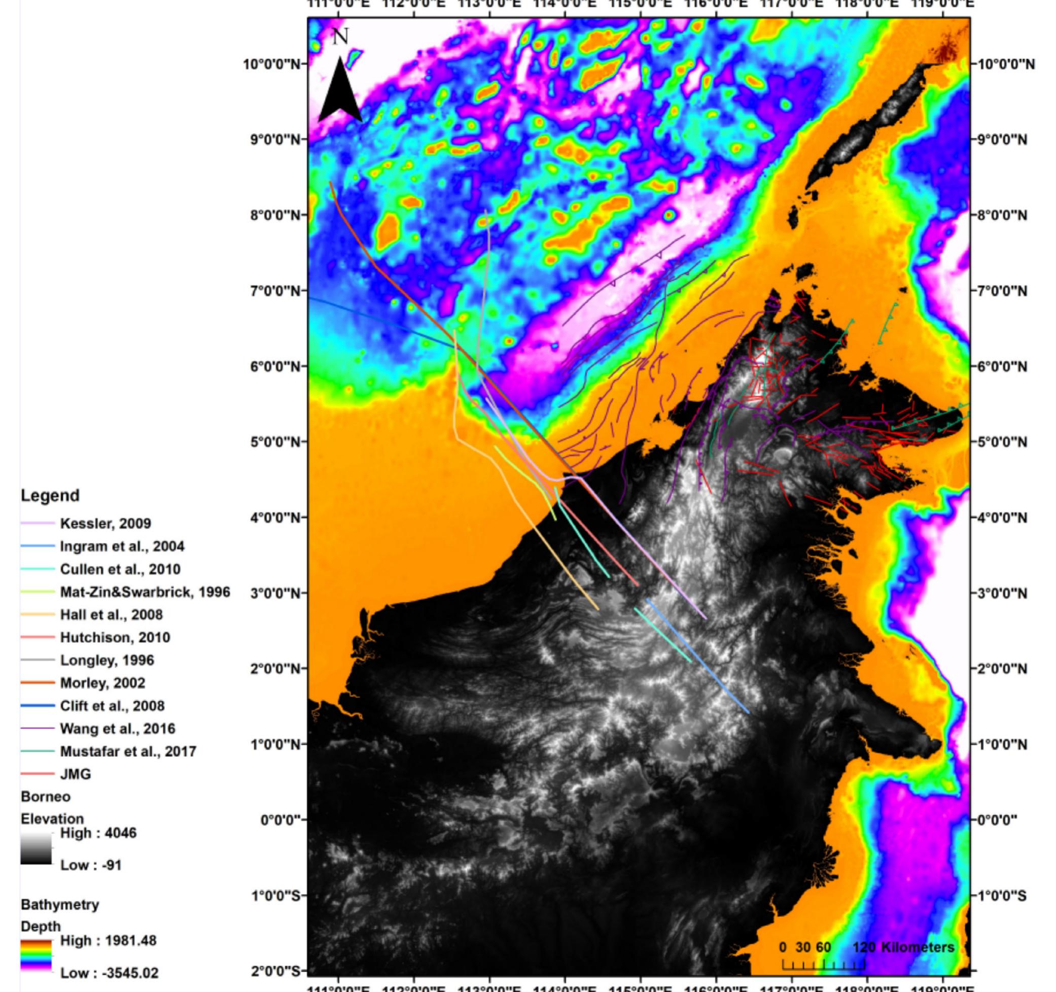 Figure 2: The ongoing active deformation of NW Borneo region is controversial, and this is also reflected in the mapping of majo! structures. For example the West Baram Line (known as Tinjar Line onshore) is either considered a transform boundary, a fault, or @ structural discontinuity with unknown slip. And the exact location also remains a controversial topic.