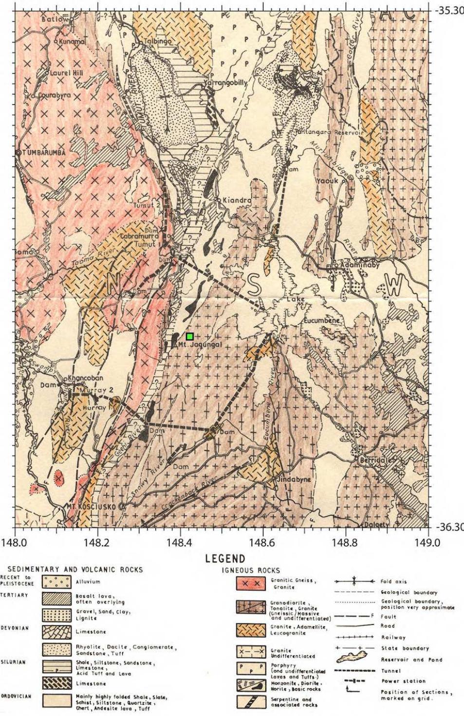 Figure 1: Geological map of Snowy Mountains area highlighting the location of the sampled basanite dyke (modified after Molnar 1963). 2. Sample location and Petrography
