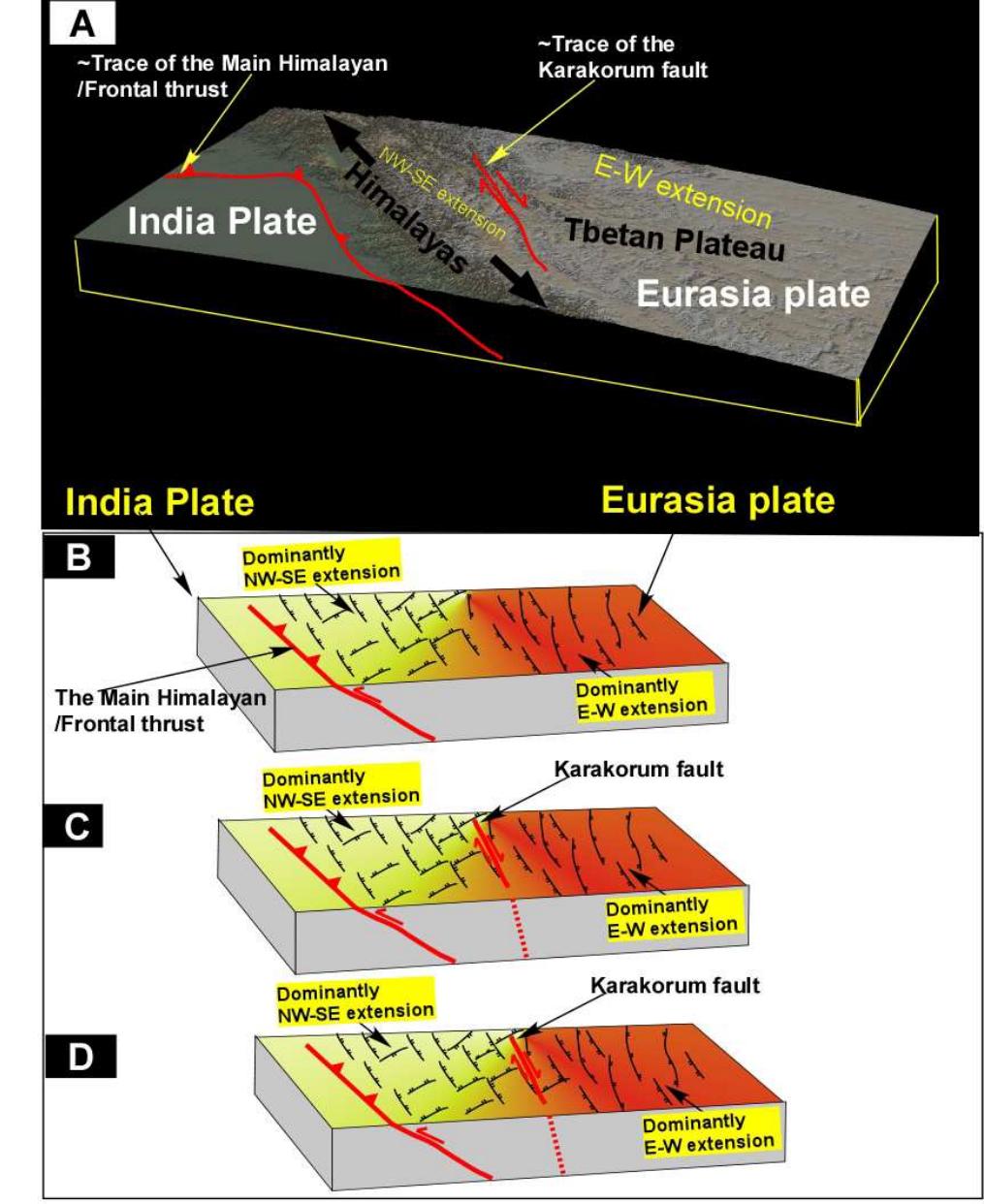 Figure 6: (A) 3-D view of the satellite image shows the two major active fault systems in the NW Himalaya that are reflective of the oblique tectonic convergence between India and Eurasia. The illustrations (B to D) summarize the formation and possible evolution of normal faulting in the studied region. (B) The normal faults could have formed earlier or syntectonic with the oblique plate convergence. (C) This could have later formed strike-slip faults, which have displaced normal faults. (D) This could mean that the Karakorum fault has formed later than normal faults. However, the regional oblique plate tectonic convergence could form both the fault systems together in the region with some time lag between their development history, which seems a normal procedure during the mountain building processes.