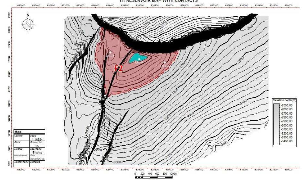 Figure 7: Reservoir Description and contacts for H1 top sand. FB1, OWC = -2640 ft, FB2, GOC = -2470 ft and OWC = -2640 ft; red: oil; green: gas.