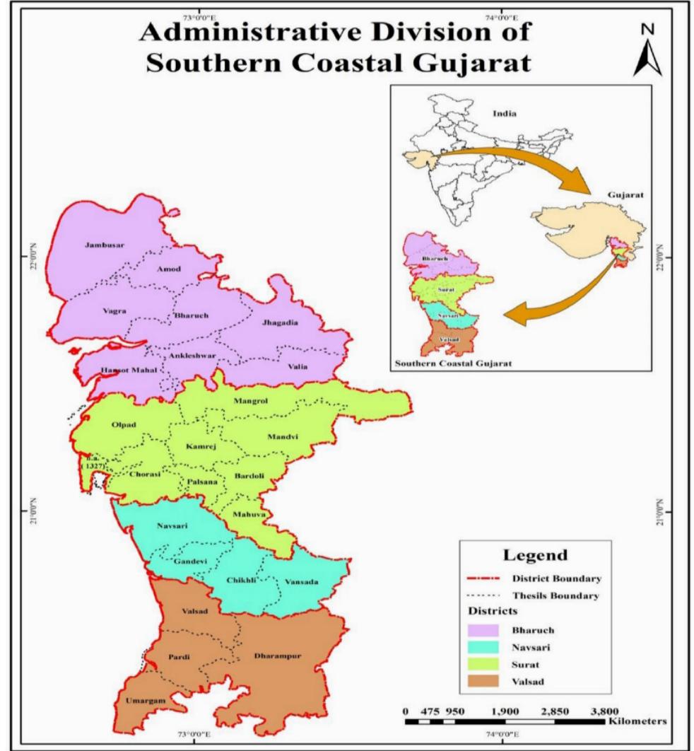 Figure 1: Administrative divisions of Southern Gujarat. and stakeholder preferences to make informed choic- es about equitable resource allocation. Coastal plan- ning and management in Gujarat is constrained by a dearth of data about interaction between develop- ment activities and coastal environment conditions. Information relating to causes of land use change will allow more cautious preparation and organisation in the area. It will provide us with an understanding of cause and effect relationships between interacting social, economic, and environmental components.