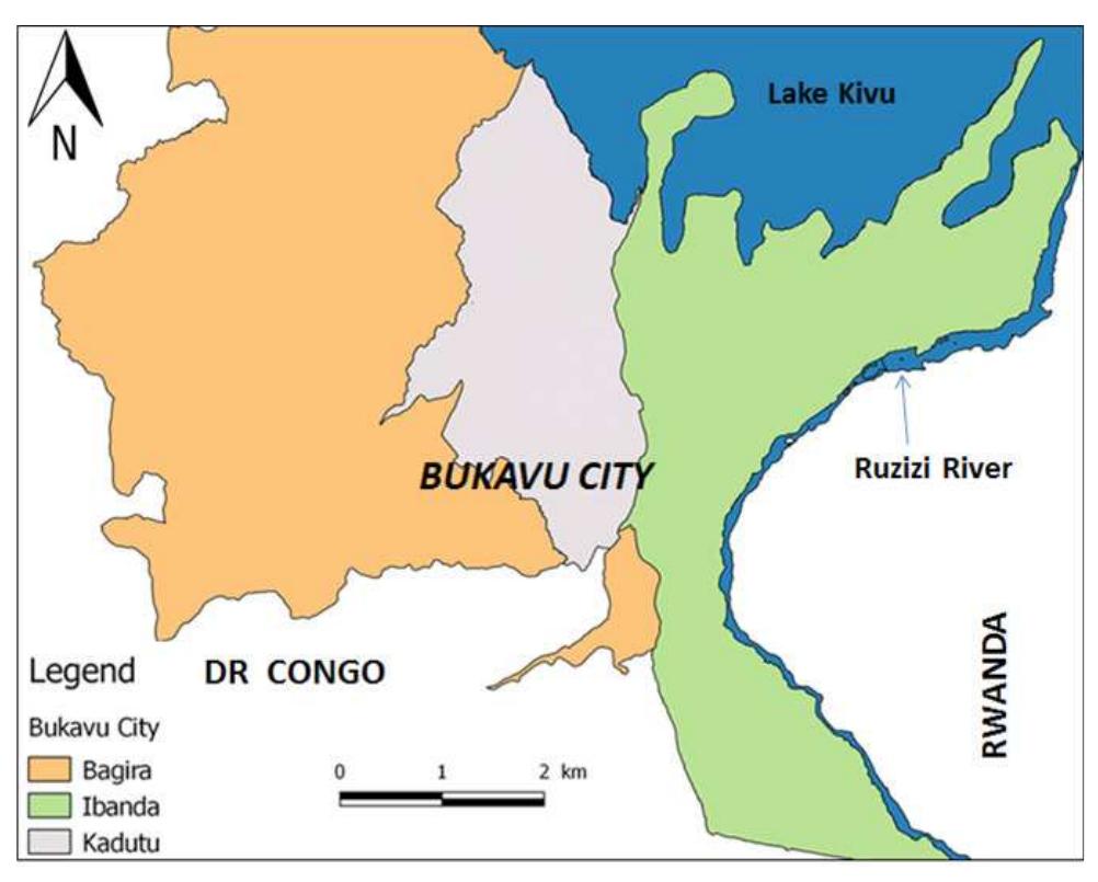 Figure 1: The Bukavu City with its three municipalities (data from the GeoRiskA project of the Royal Museum for Central Africa, MRAC). The combination of permanent and active natural hazards with social vulnerability is crucial to disturb the urban balance. For J.-C. Thouret and R. D’Ercole The combination of permanent and active natural