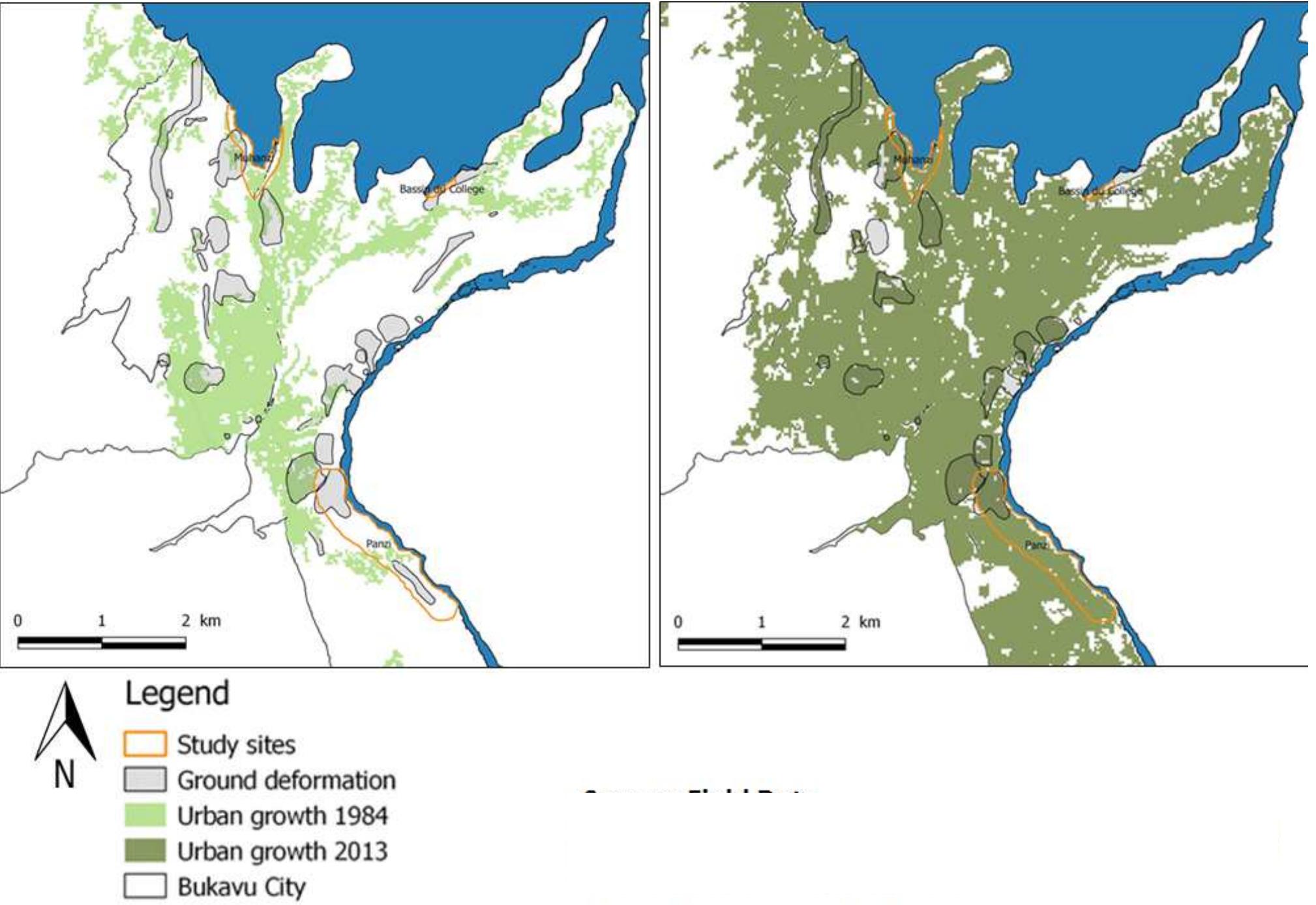 Figure 3: Map of ground deformation (C. Kalikone et al. 2017) and urban growth evolution between 1984 and 2013 (data from the GeoRiskA project of the Royal Museum for Central Africa, MRAC).
