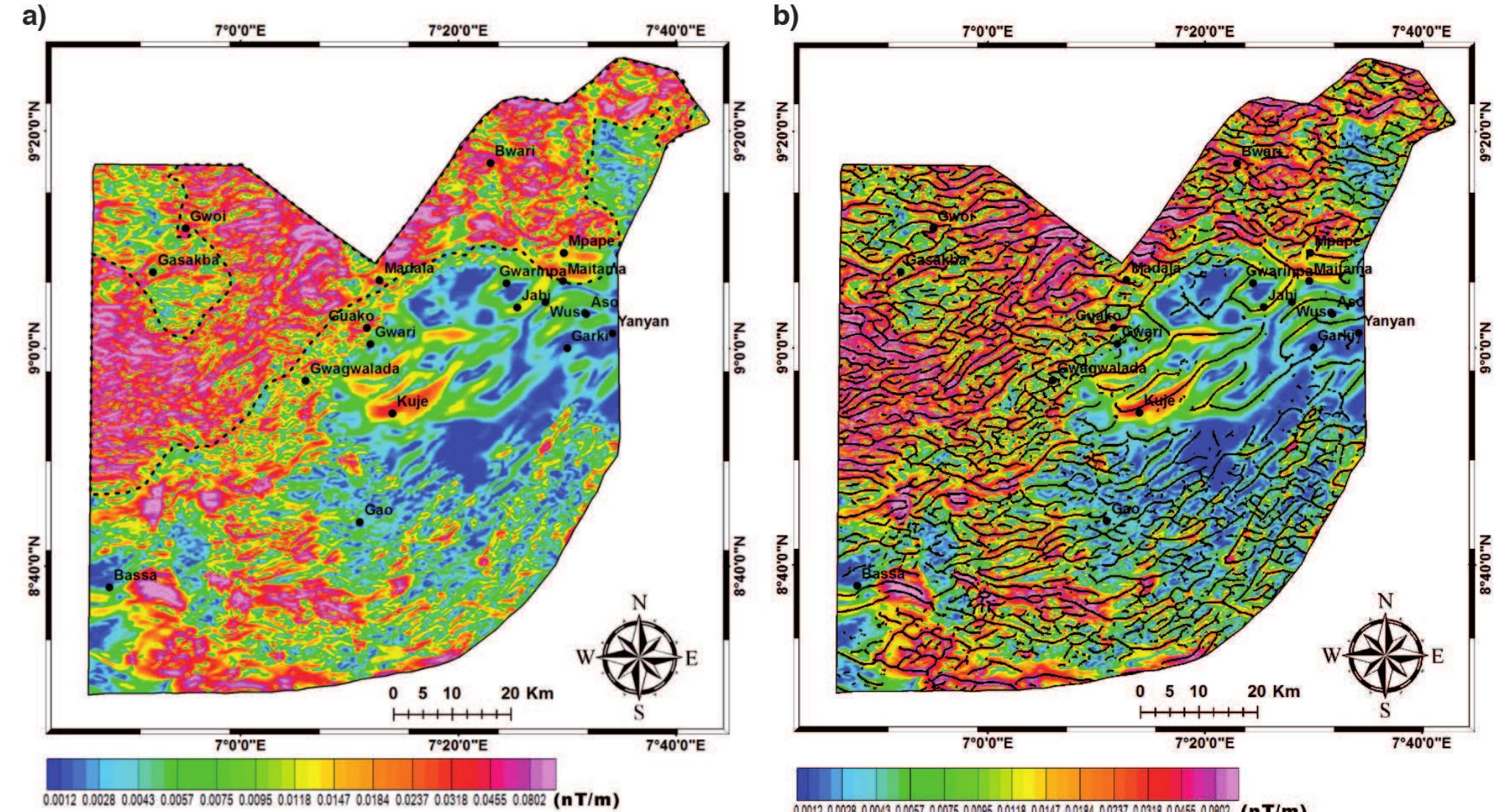 Figure 5: (a) Horizontal Gradient Magnitude (HGM) map; (b) HGM peaks overlain on HGM. 3. Results are presented as maps (Fig. 3), and averaged tem- perature values for each day were plotted (Fig. 4) to observe the trend of temperature fluctuations over the days under review. The aeromagnetic structural mapping identified some demarcated region suspect- ed to be sheared zones (Fig. 5), and faults/fractures hat could likely trigger the tremor (Fig. 6). These aults/fractures are labeled F1-F7 (Fig. 6). The faults rend in approximately NE-SW and E-W directions. Faults F4, F5, and F6 are deep-seated faults whose depths were estimated at a range > 1000 m, while he depths of F1, F2 and F3 were undetermined. F1 and F2 are regional faults that pass through Abuja and Nasarawa, and possibly extend to Kaduna. F7, which exists between depths of 700 and 1000 m (Fig. 5), had been identified by Eluyemi et al. (2019) as the Romanche Fault/Fracture. The Romanche Fault was found to emanate from the Gulf of Guinea and strikes in the same direction as the Pan African Orogeny.