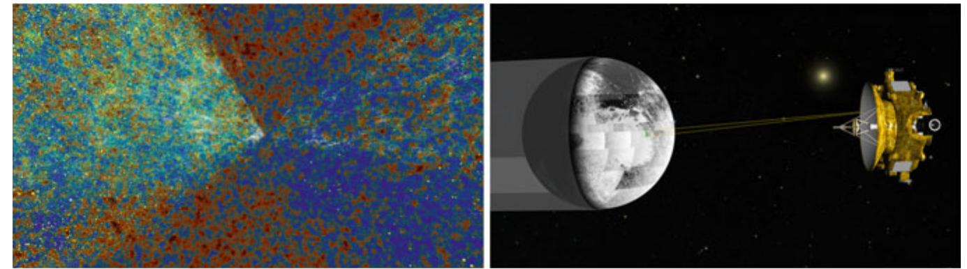 Fig. 19.5 Important aspect of the communication of scientific discoveries is explaining the vast scale of the cosmos. (left) Showing the available deep sky surveys illustrating the large-scale struc- ture of galaxy distribution, the earlier existence of quasars, and the first light of the universe, the cosmic microwave background radiation, behind. (right) Smaller scale exploration of the New Horizons spacecraft taking humanity’s first pictures of Pluto in 2015 