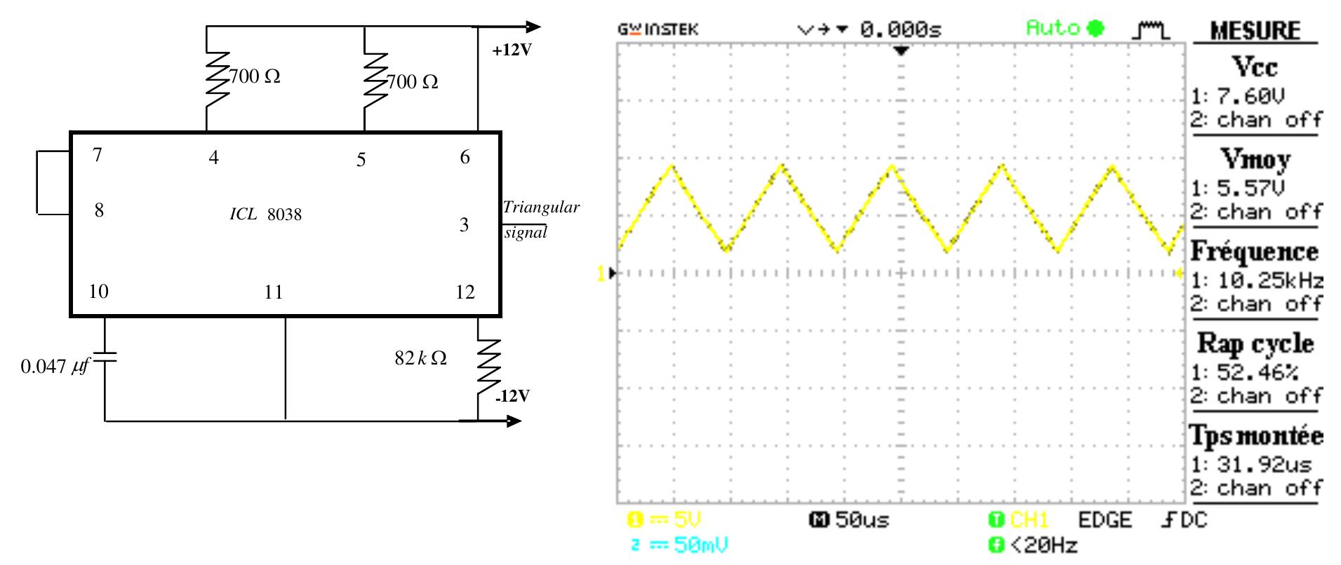 Figure 4. Triangular signal generation by ICL8038 with frequency 10khz 