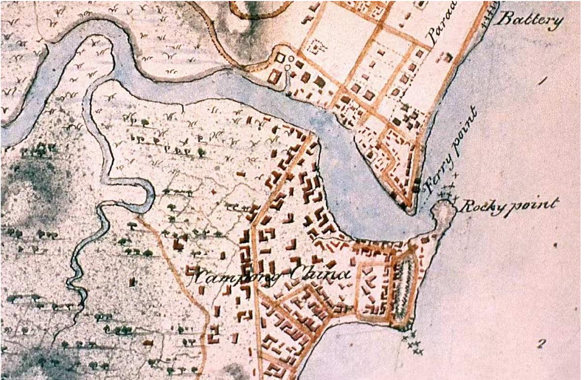 A map of Singapore from 1825. The Singapore Stone stood at the Rocky Point. British Library