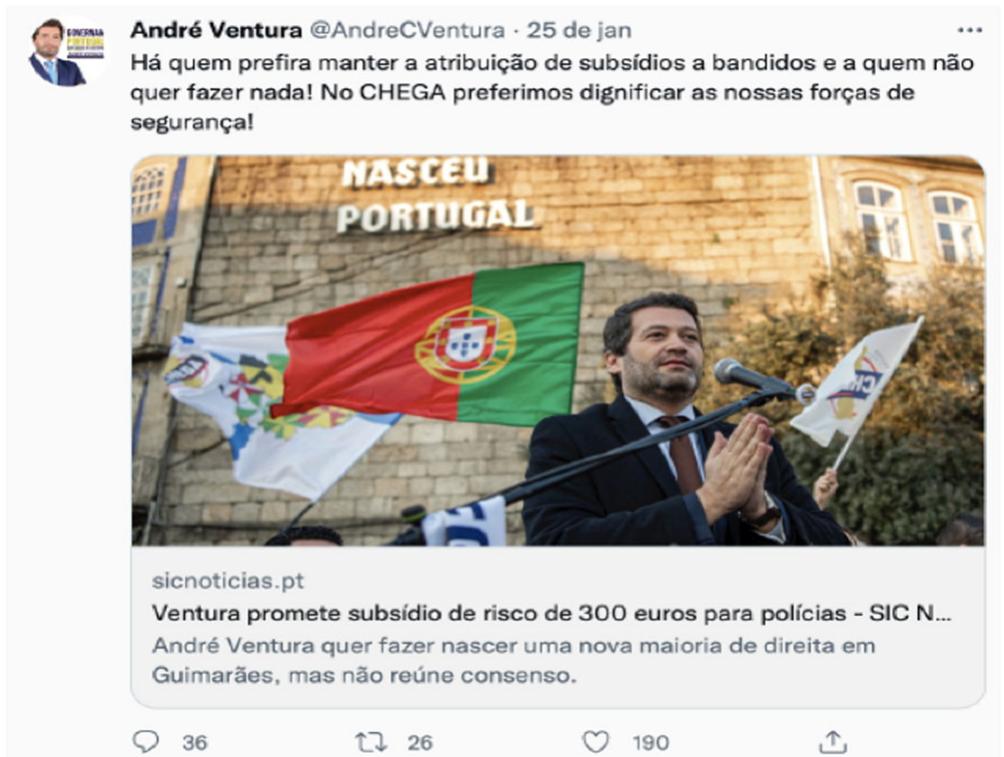 Fig. 7 André Ventura speaks near the Guimaraes Castle, Portugal's birthplace. The chosen location is far from coincidence, as radical right- wing populism explores aspects related to national identity®. 