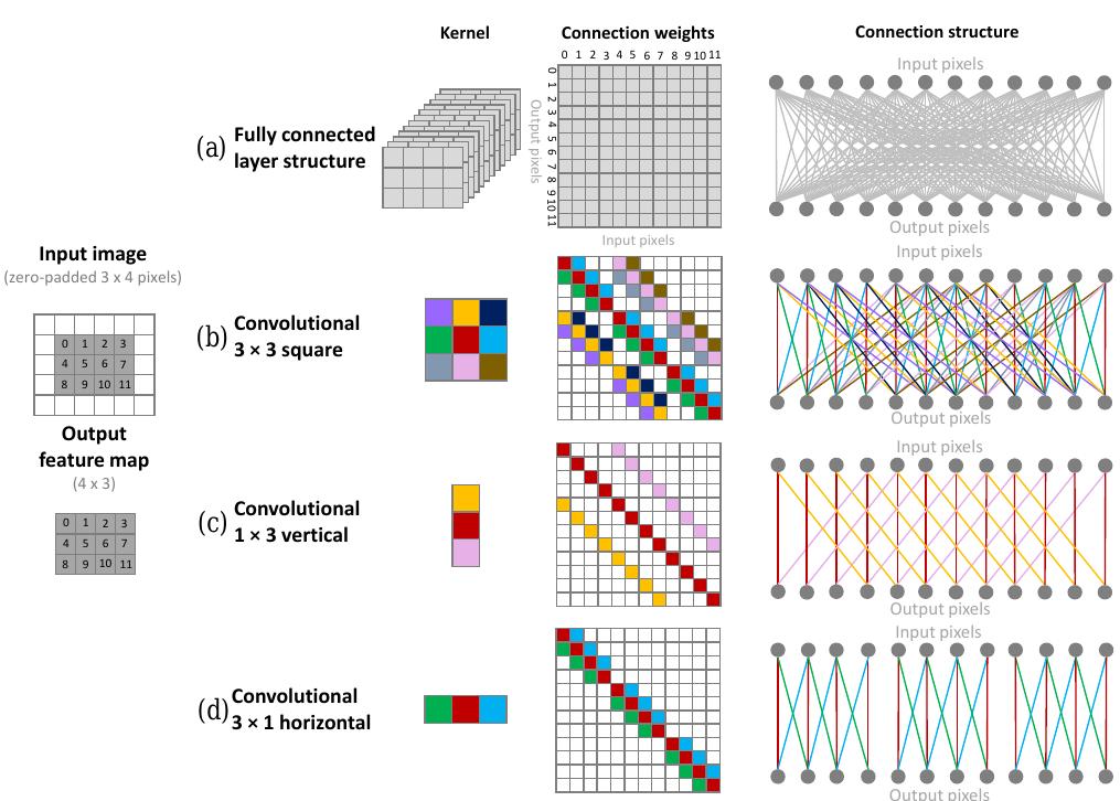Figure 1: Network connection structure for convolutional layers. An input image is transformed in one layer of an neural network into an output image of same size. Connection weight maps show pairwise dependencies between input and output pixels. In (a), each node is connected to all input pixels. For (b,c,d), output pixels depend only on a subset of input pixels (shared weights are represented by unique colours). Note that sparsity increases from (a) to (d), opening up potentially more efficient implementation. 