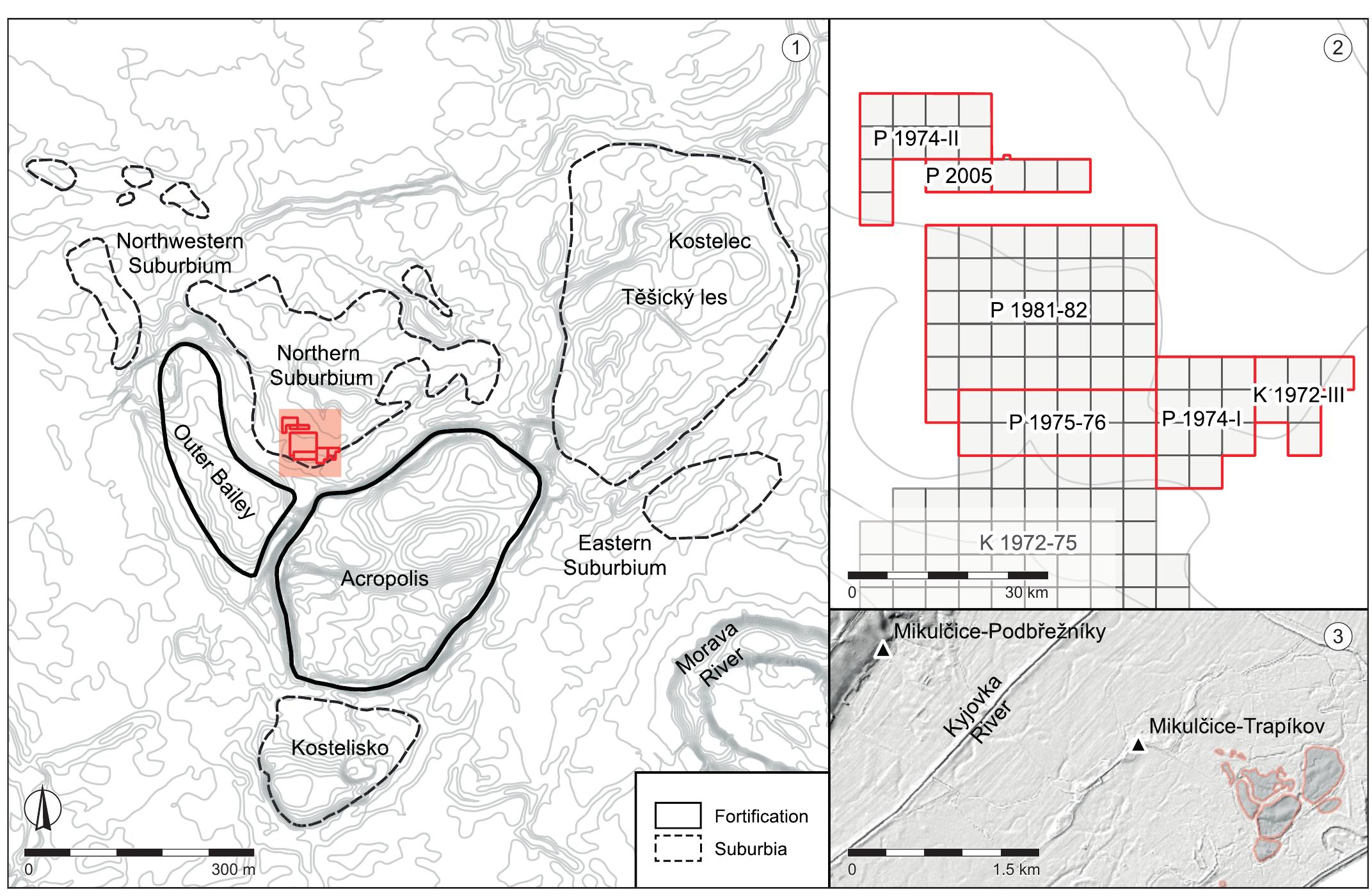 Fig. 1. The Mikulcice-Valy settlement agglomeration. 1 - Schematic overview of the fortified acropolis and the outer bailey with adjacent suburbia during the 2nd half of  the 9th century AD; 2 - Plan of the northern suburbium with excavated areas between 1972 and 2005; 3 - Middle Hillfort (800-950 AD) rural settlements with attested ironworking in the hinterland of the agglomeration. Graphic by M. Lebsak.  Obr. 1. Sidelni aglomerace h Mikulcice- Valy. 1 - Schematicky prehled opevnéné akropole a vnéjsiho predhrad/s prilehlym predméstim ve druhé poloviné 9. stoleti; 2 - plan  a. er ee Se? a ae ee ee ee ee ee a ee ee eo ee toow sy.  eg gg gg lv lg lg ln  