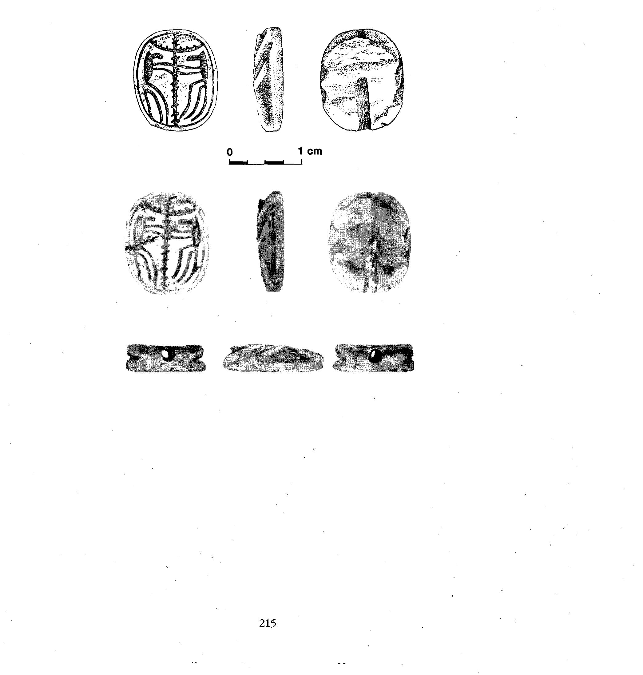 OBJECT: Scarab, hollowed-out and linear engraving, grey steatite, white and yellow glaze, 14.2 x 11.6 x 3.9 mm. The upper portion of the scarab is almost completely broken away (traces of the scarab’s legs remain in side view). BASE: Within an oval frame in vertical orientation, a stylised palm possessing two branches or palm ribs, flanked on either side by schematically-represented apes, standing on their hind legs, their long tails extended and their hands clasping the trunk of the tree. The palm and palm ribs can be read as rnp.t and the apes as nfr, providing a meaning for the composition as a whole of the wish rnp.t nfr.(f), “a good year” [cf. Keel, Corpus, Akko §§202-204, 296 for dated parallels and discussion of meaning with relevant citation].  DATE: Second half 20" Dynasty — 21" Dynasty (1130 — 945 BCE)  COLLECTION: Akhziv North Excavations / HUJ 2624  FIND’S CONTEXT: Tomb N.1, Phase 1  BIBLIOGRAPHY: unpublished 