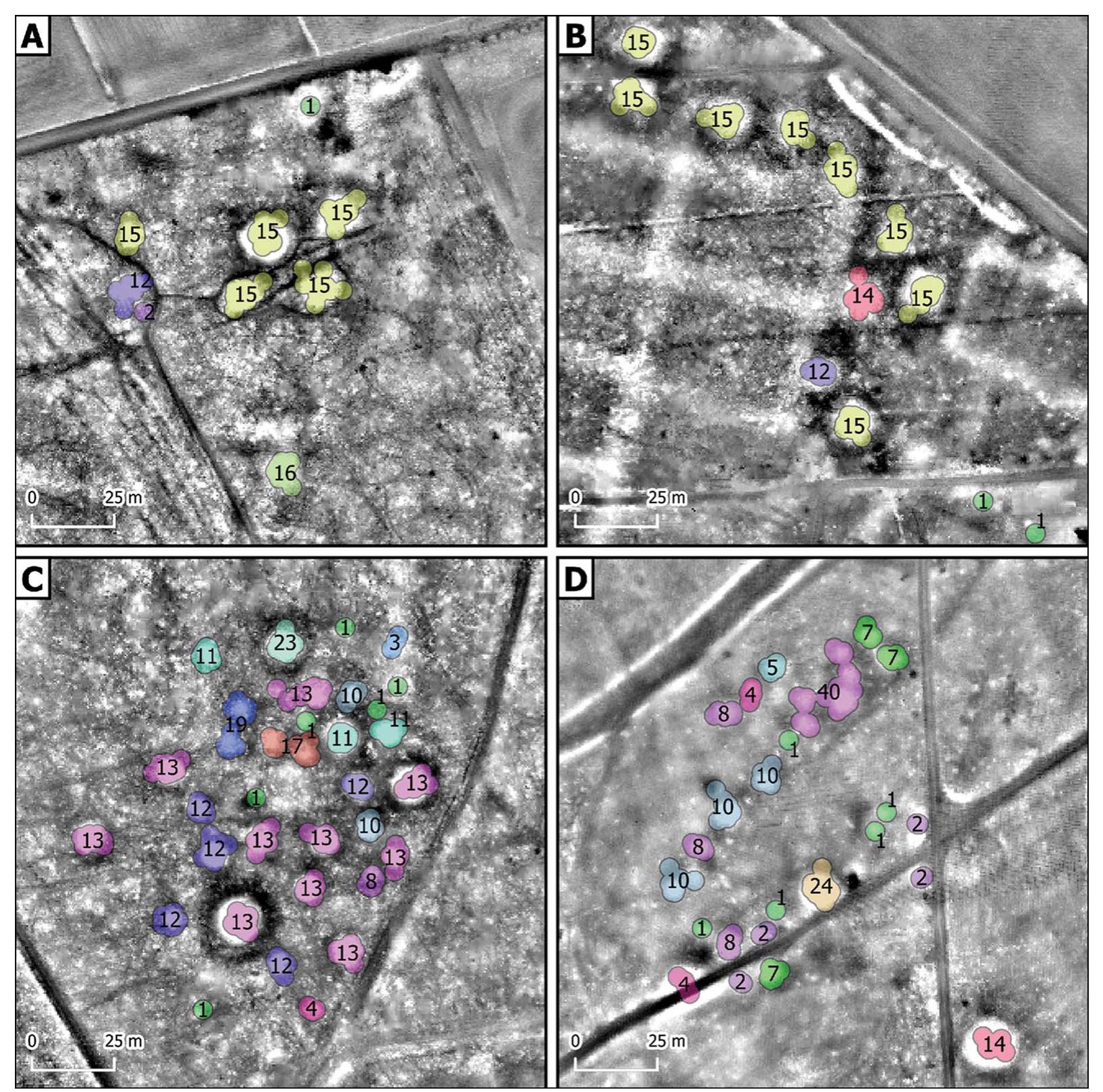 Figure 4. Results from aggregation at dense concentrations of potential barrows: A) aggregation results from a closely spaced group of barrows—all locations with 12 or more classifications are known burial mounds; B) aggregation results of a group of burial mounds within a Celtic field—volunteers were able to correctly identify all known buriai mounds (12 or more classifications); C) aggregation results of a previously known urnfield on the Veluwe consisting of at least 28 or more low burial mounds (Verlinde & Hulst 2010; fig. 53). The volunteers have potentially discovered a much larger number of burial mounds than previously known. D) aggregation results of a previously known line of burial mounds. All previously known barrows have been identified, as well as a number of previously unknown mounds. Note that here, the classifications tend to blend into one another if the mounds are close, with closely spaced objects being added together (i.e. providing 24 or even 40 classifications) (figure by authors). 