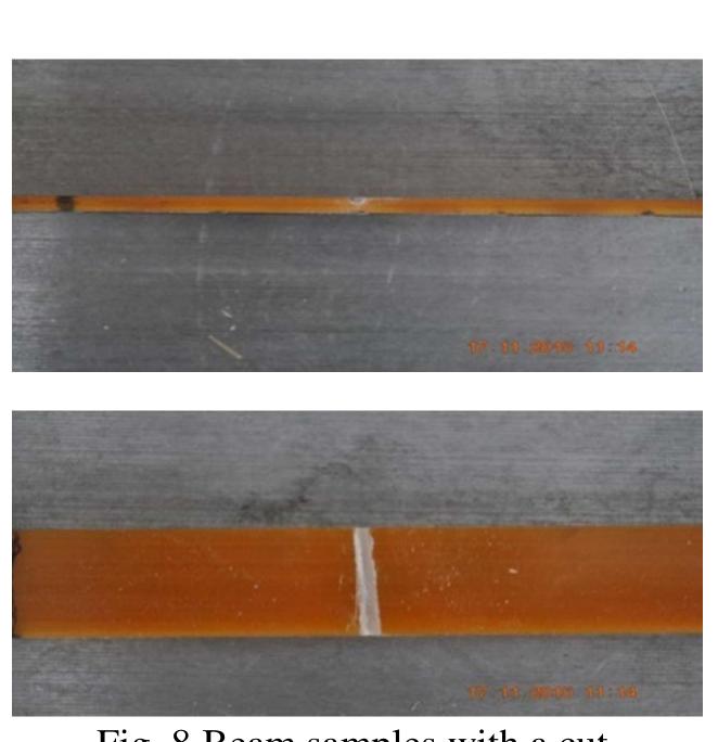 Pils. 0 Dall salllples With ad Cul,  The DD methods listed above were checked on the base of the experimentally obtained data. The results obtained by the modal slope method did not predict the damage and its location and that is why they are not  hown here. The modal displacement method was checked for N=1,3,5 and the obtained results were imilar. The slope of the curve of MD index is not sharp but the method indicates exactly the damage location (figure 9). The similar are the results obtained by the Poincaré map based method (see figure 11). The beam was artificially considered to be subjected to harmonic loading with p= 10° MPa at three nodes at the beam  S. S  