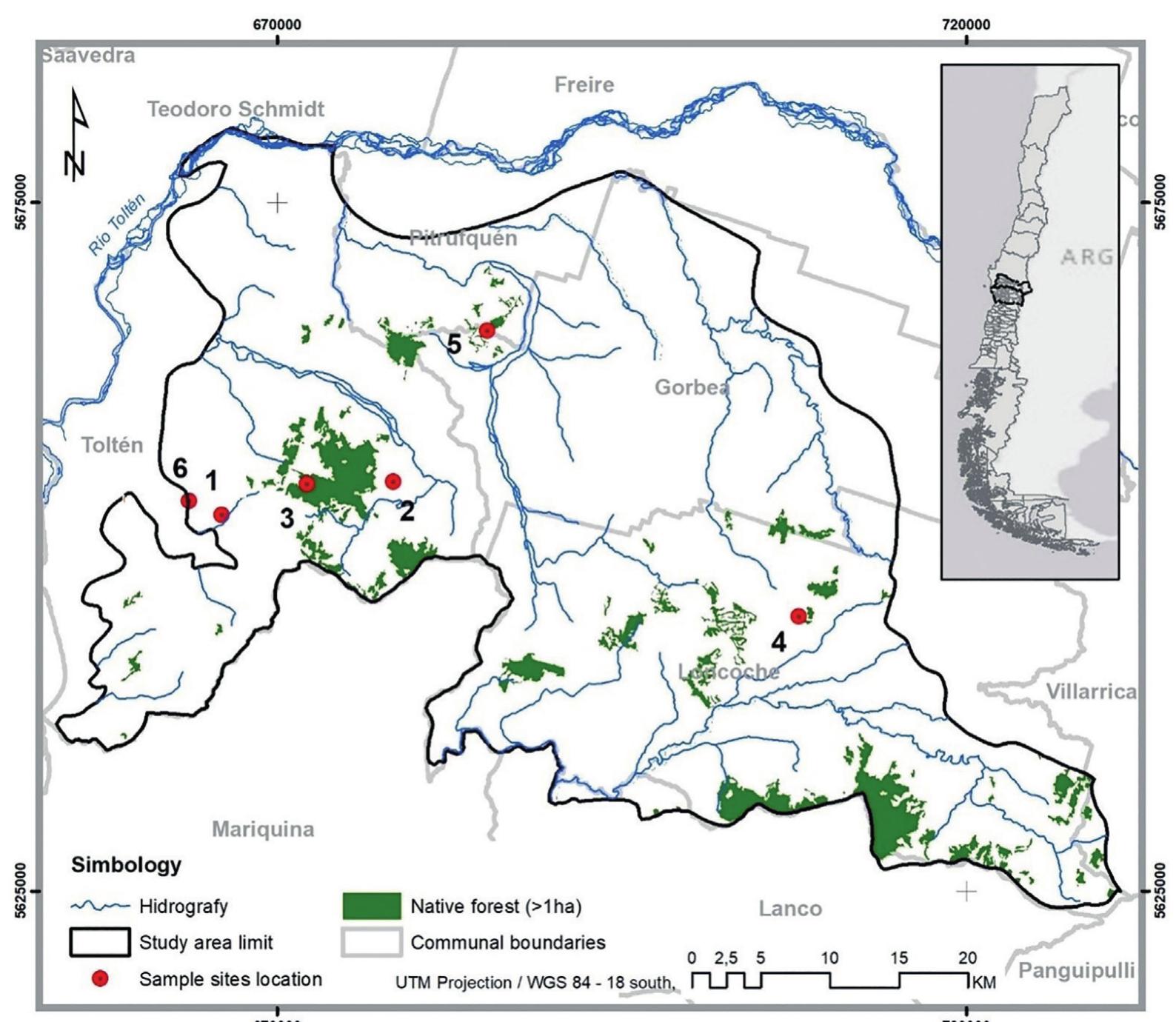 Fig. 1. Location map of the seven sampling sites in the Coastal Mountains of the Araucania Region, southern Chile: 1 — Boroa Norte 1; 2— Licancullin; 3 — El Socorro; 4 — Afquintué; 5 — Nueva Etruria; and 6 — Boroa Norte 3. 