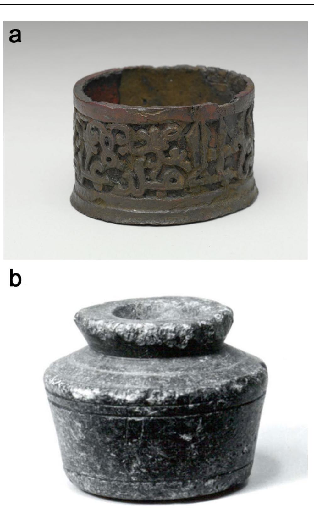 Fig.9 a Inkwell inscribed with the name of Amir ’Abdullah ibn al- Hasan Pars excavated at Nishapur, Iran, 11th cen. CE. Bronze; H. 4.4 cm. Metropolitan Museum of Art, New York, 40.170.116. Pub- lic domain image from the Metropolitan Museum of Art. b Jar, pos- sibly an inkwell, excavated at Qasr-e Abu Nasr, Iran, 3rd—7th cen. CE. Steatite; H. 3.18 cm. Metropolitan Museum of Art, New York, 34.107.103. Public domain image from the Metropolitan Museum of Art  u-XRF analysis of this head returned a composition of 51% lead, along with copper (39%), zinc (3%), and tin (6%),  thus a leaded ternary alloy. If we assume that such high content is not a consequence of surface corrosion, then  ead the  reason for this composition may not be strictly metallurgical,  since lead was thought to have magical properties, inc  ud-  ing the power to bind a supernatural being to deprive it of its abilities or to protect the human spellcaster (Kiyanrad  2018, 82-3). This made it especially suitable for amu  ets.  In this instance, the leaded copper alloy may have been con- sidered sufficiently powerful for the amulet to work, while the inclusion of copper would have allowed for the casting of the head and chasing of the details of the face. However, we cannot exclude the possibility that surface corrosion is 
