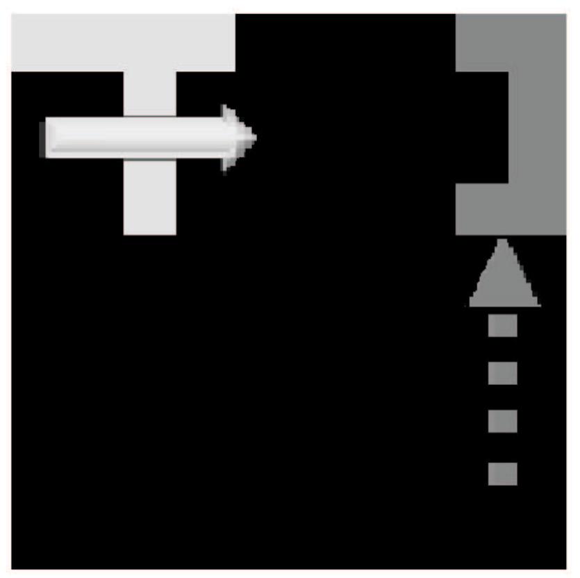 Figure 4. The 10x10 pixel simulation environment, as seen by the retina. The object (here a white “T”) appears in the upper left corner and moves along the top edge of the visual field. After learning, the decision module motor output moves the catcher (visualized as the dark grey object) from its previous location to a location and orientation where it will catch the object. doi:10.1371/journal.oone.0036958.q004 