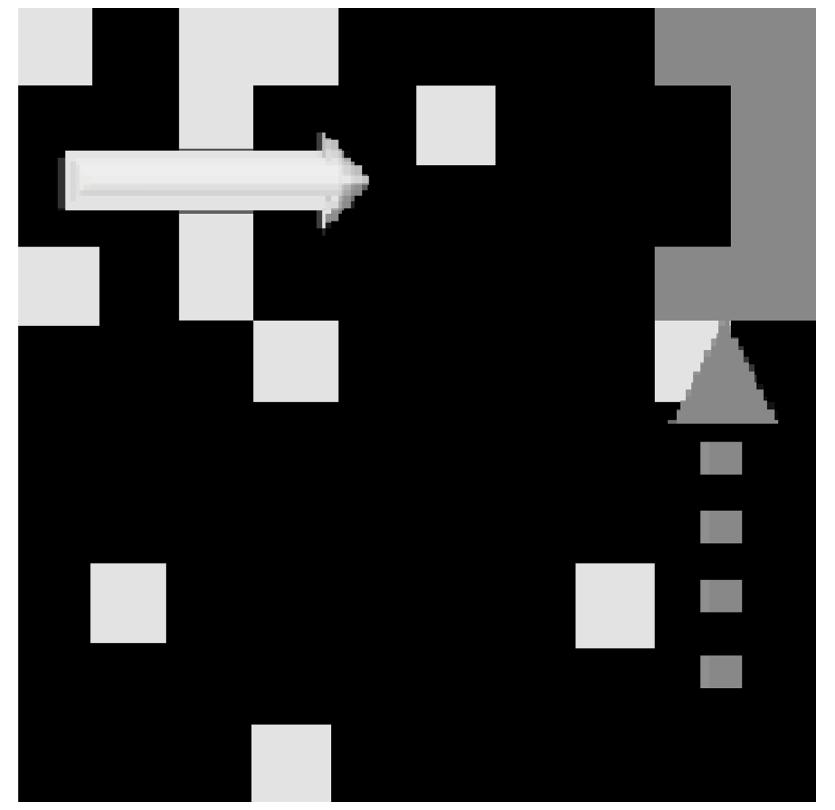 Figure 8. Visual environment with 8% noise injection. The object (here a white “T”) appears in the upper left corner and moves along the top edge of the visual field. Noise has been modeled as an 8% probability of changing the value of any pixel (from 0 to 1 or vice versa). The catcher is correctly moved to the top right corner, facing the arrival of the target.  doi:10.1371/journal.pone.0036958.g008 