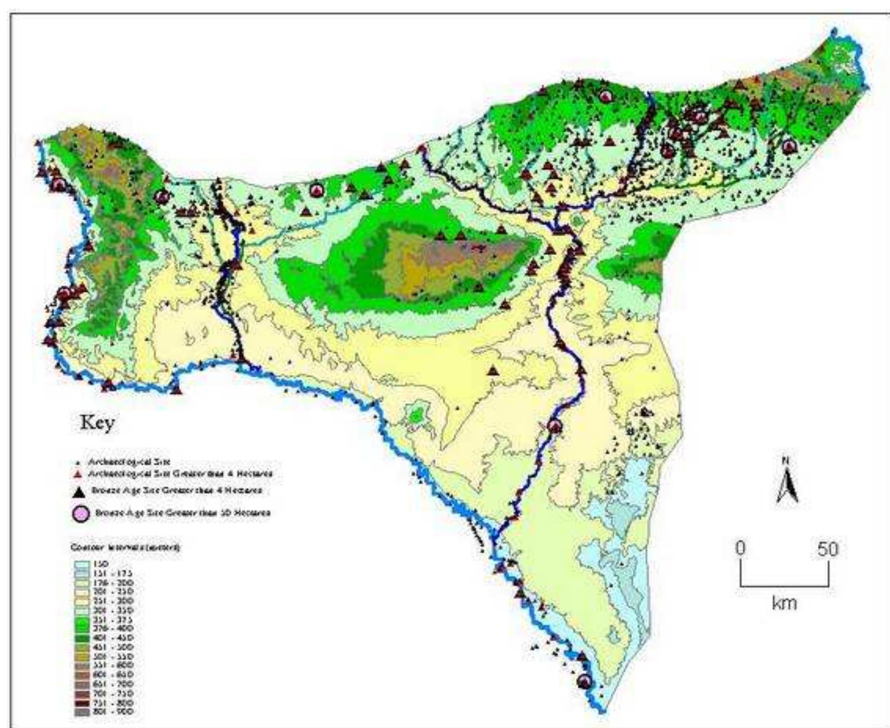 Figure 36. A comparison between archaeological site patterns, Bronze Age sites, and relief. 