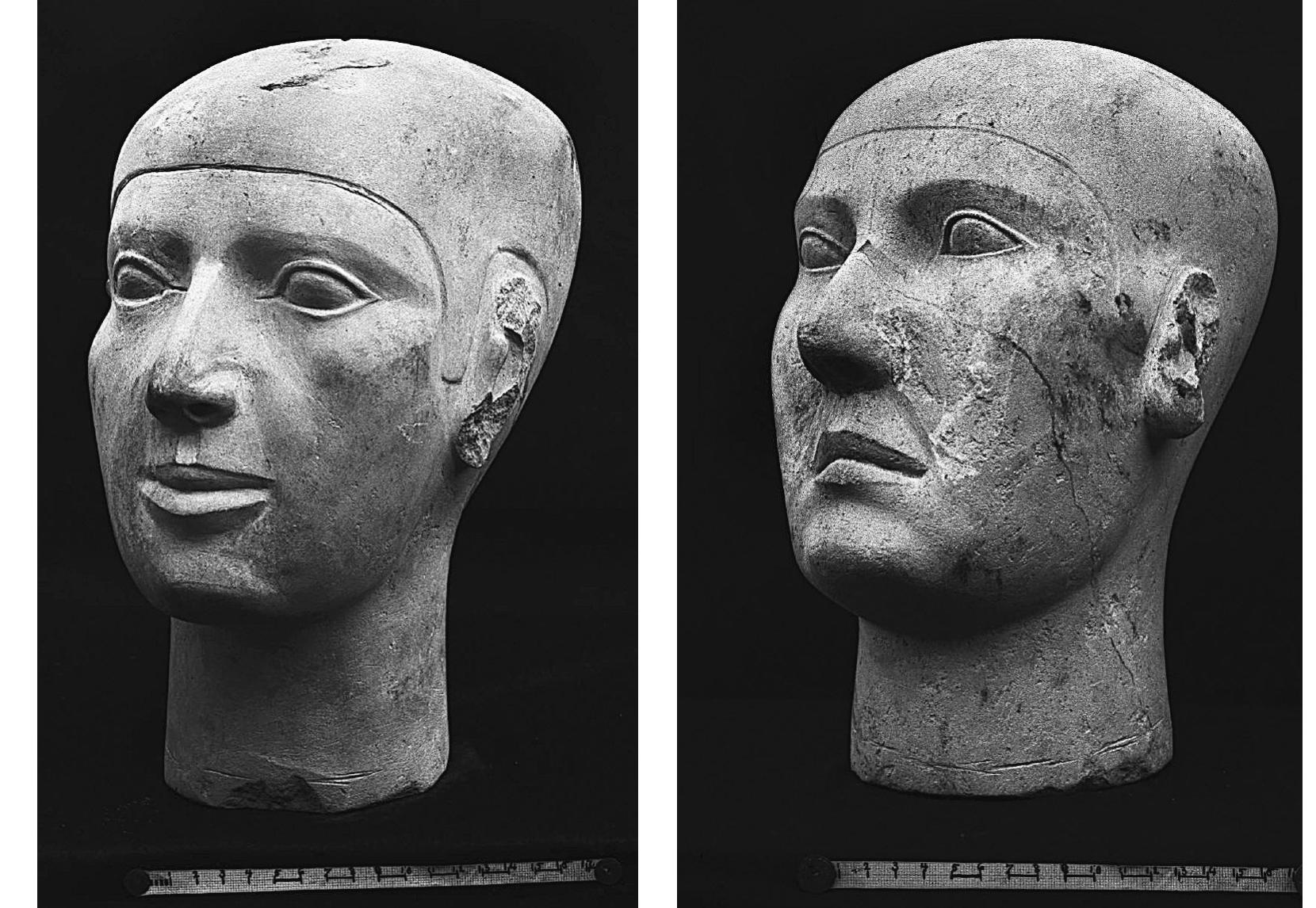Fig. 3. Limestone reserve heads with damaged ears and incised lines along the lower portion of their necks. (Left): Reserve head of Snefruseneb from Giza tomb G 4240A (Cairo, JE 46215). (Right): Anonymous  male reserve head from Giza tomb G 4440 (Boston 14.718). Photographs © 2007 Museum of Fine Arts, Boston (C5344-NS, C5359-NS; M. Shadduf, photographer). 