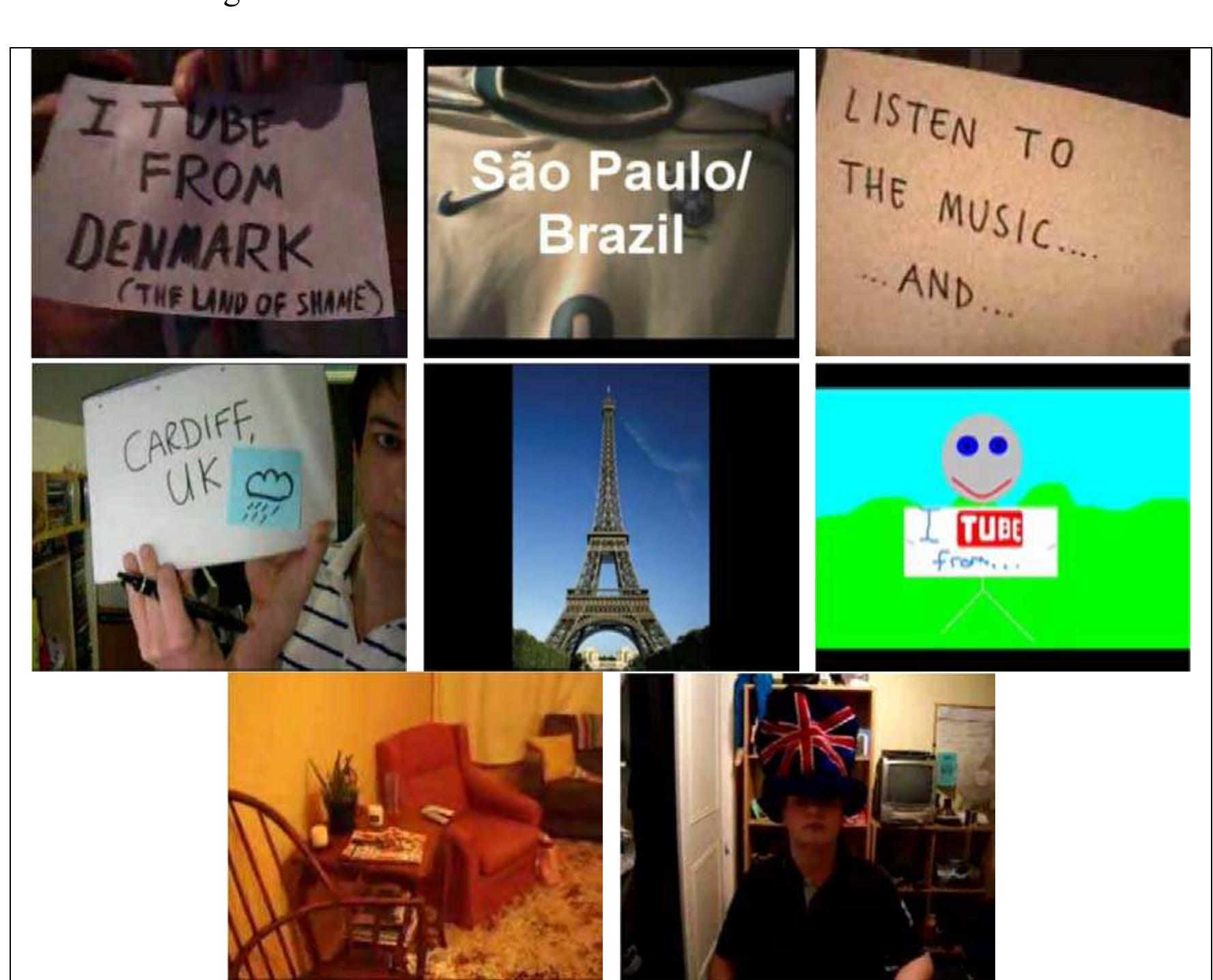 Fig. 4 Disembodied resources in videos (from left to right, top to bottom): handwriting, typewriting, soundtrack, drawing, photo, animation, furniture layout and clothes. 