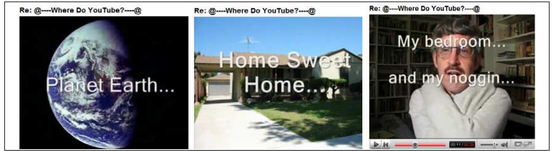 At the very far ad litteram end of the continuum are videos which disclose more personal information than prompted; indeed, besides (or instead of) representing the country, 72 responses focus on domestic locations. They can zoom-in from the country to shots of the (You)Tuber’s room/house, generally through visual resources, by combining zoomed shots of Google Earth with some final shots of the house, sometimes accompanied with written labels functioning as ‘captions’ (Fig. 27). 
