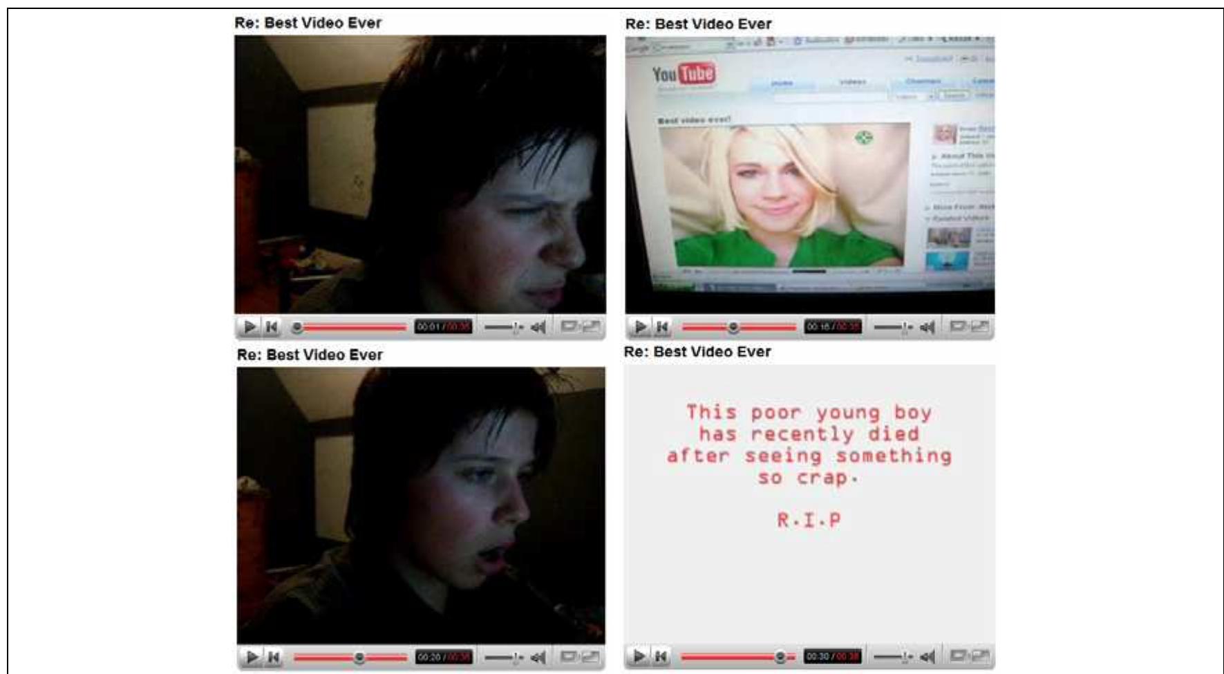 This respondent enacts his reaction to the watching of the initial video. In so doing, the video takes up a well known ‘meme’ on YouTube, i.e., the ‘reaction to 2 girls 1 cup’. ‘2 girls 1 cup’ is a porn fetishist film, and hundreds of videos are posted on YouTube showing (You)Tubers (or other unexpected agents, e.g., their dog) watching the screen — which emanates noises characteristic of the porn film (thus implying that the screen is featuring the ‘2 girls 1 cup’ film) — and enacting a varied reaction of disgust (in this way they also scorn the prohibition of showing pornographic content on YouTube). 