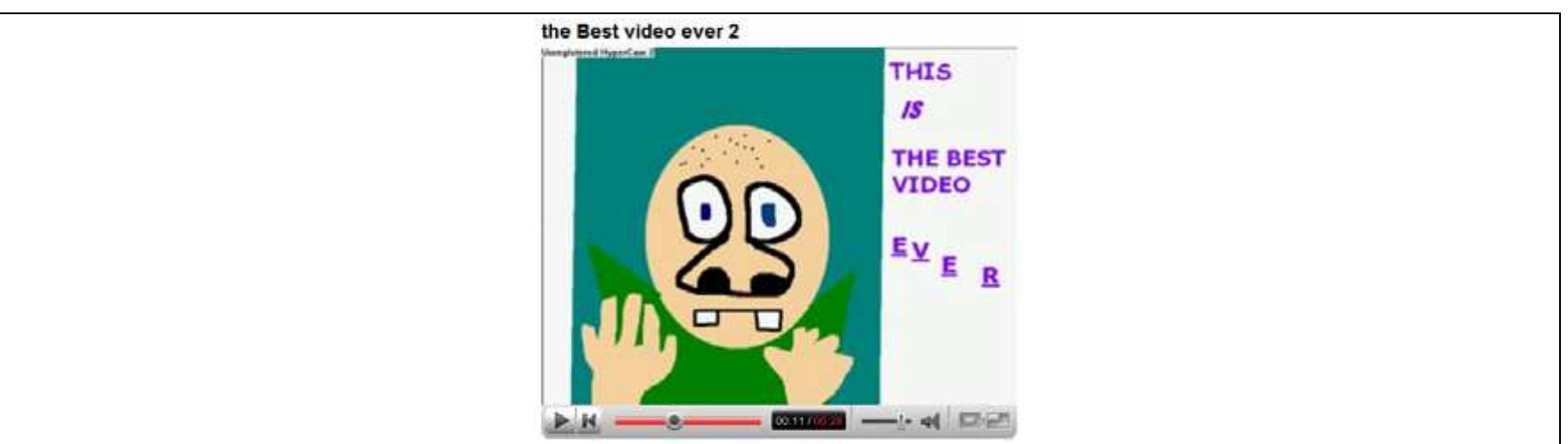 Fig. 88. A corresponding original spoof made by means of drawing.  As anticipated in the related section, some of these original spoofs are also corresponding responses (i.e., featuring the (You)Tuber wearing a blond wig and blinking, thus simultaneously spoofing CC and corresponding the initial video); one of these (Fig. 88), titled ‘the Best video ever 2’, uses drawing instead of the shot of the (You)Tuber, so that a stylized bald'”° man in an emerald-green blouse looks at the camera, raises his hands and blinks, while a ‘suspense’ soundtrack (i.e., drums increasing their rhythm) bursts into a scream of people exulting.  3.4.2 Spoofs of CC’s character 
