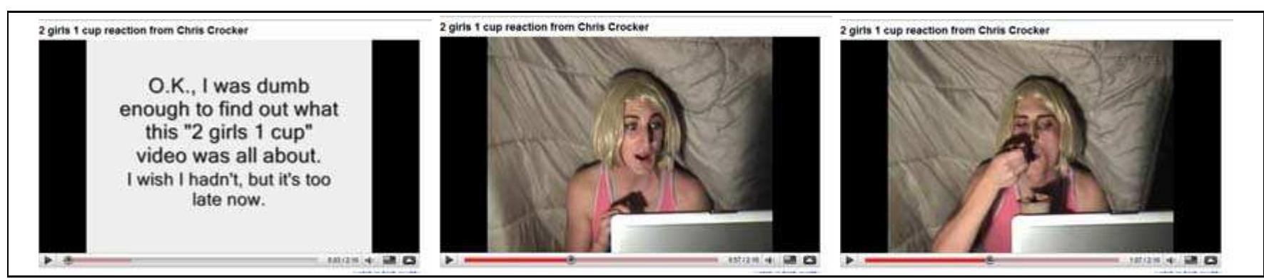 Fig. 90. The ‘2 girls 1 cup reaction’ intertextual original spoof.  Thus, the introduction recounts the authors’ design phase of their response to CC’s initial video and their idea of combining the response with a well-known meme on YouTube videos, i.e., the enacting of a viewer’s reaction while watching the ‘2 girls 1 sup’ porn film. Then the video features a boy wearing a blond wig and make up (thus personifying CC), with a whitish blanket (a duvet, actually) behind him, looking at a oc screen and saying that he is going ‘to check up 2 girls 1 cup’. He watches the screen (you can hear noises of sexual intercourse in the background), crying ‘oh my 20d!’ and eating chocolate ice cream (putting it in and out of his mouth, with a clear sexual reference); then he says ‘oh give me a close up’, while laughing with all his mouth smeared of ice cream. Fig. 90 represents the salient snapshots of the response. 