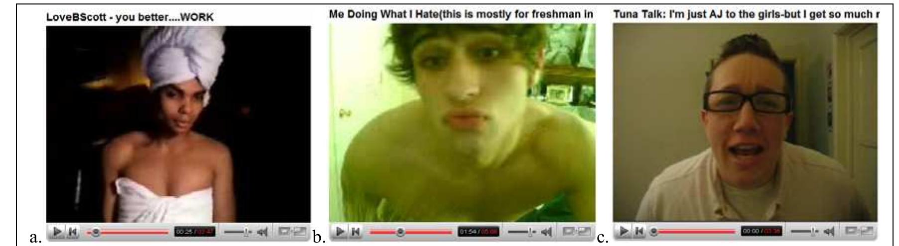 Fig. 99. Inferential responses which use the thread as a non-heterosexual meeting place.  Without ever referring to it, these responses take up interpersonally the ‘non- heterosexuality’ element at large (from homosexuality, to drag queens, cross- dressing and transgenderism) which connotes CC’s character. In other terms, these respondents post their videos as a response to a very popular one which is likely to be viewed (also) by non-heterosexual viewers. The fact that CC’s videos are a basin —a meeting place — for non-heterosexuals is further confirmed by a response, titled ‘A LITTLE TOUR OF MOLLYWOOD - Toronto’ (Fig. 100), which advertises gay- places in Toronto and promotes the town as ‘a great place for gays’. 
