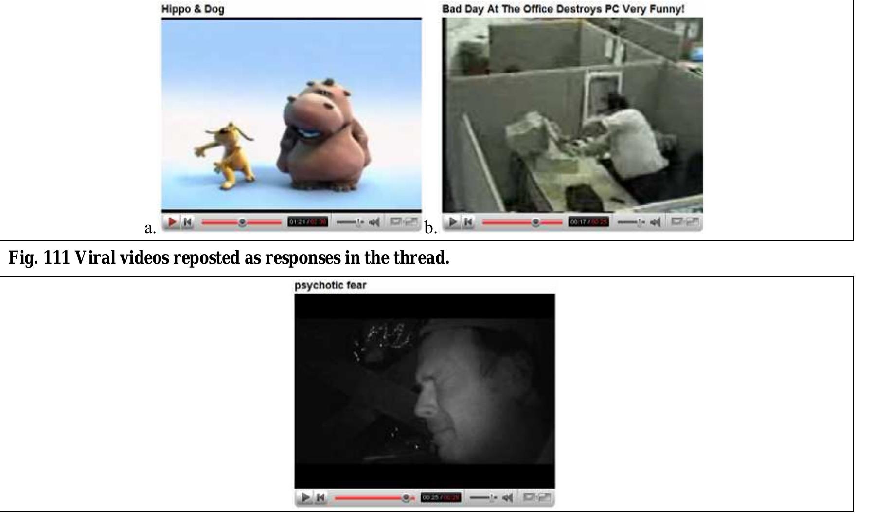 Fig. 112 An unrelated video judged as related by a comment.  As in the analysis of the ‘Where Do YouTube?’ thread, also here, the unrelated category has been populated by means of a negative process, i.e., by considering the videos which cannot be placed in any of the other categories. Beside the fact that some (few) very short responses (cf. Fig. 110) could well be considered among the ‘insignificance’-related one, it must be noted also that another interpretation of relatedness with CC’s video is always possible for all these video responses, i.e., that each respondent has uploaded what she considers as the ‘Best video EVER!’. Indeed, some of these responses repost very famous YouTube video ‘memes’, like the ‘Hippo and Dog’ animation (Fig. 111.a.), the ‘Numa Numa’ dance, and the well-known ‘Bad Day At The Office’ video, shot from a CCTV camera, filming an office where a man, sat at his desk, grabs the pc monitor and destroys it in rage (Fig. 111.b.). These responses can be reasonably thought as having been re-posted by virtue of their popularity and thus because they are their uploaders’ judged ‘Best video EVER!’. 