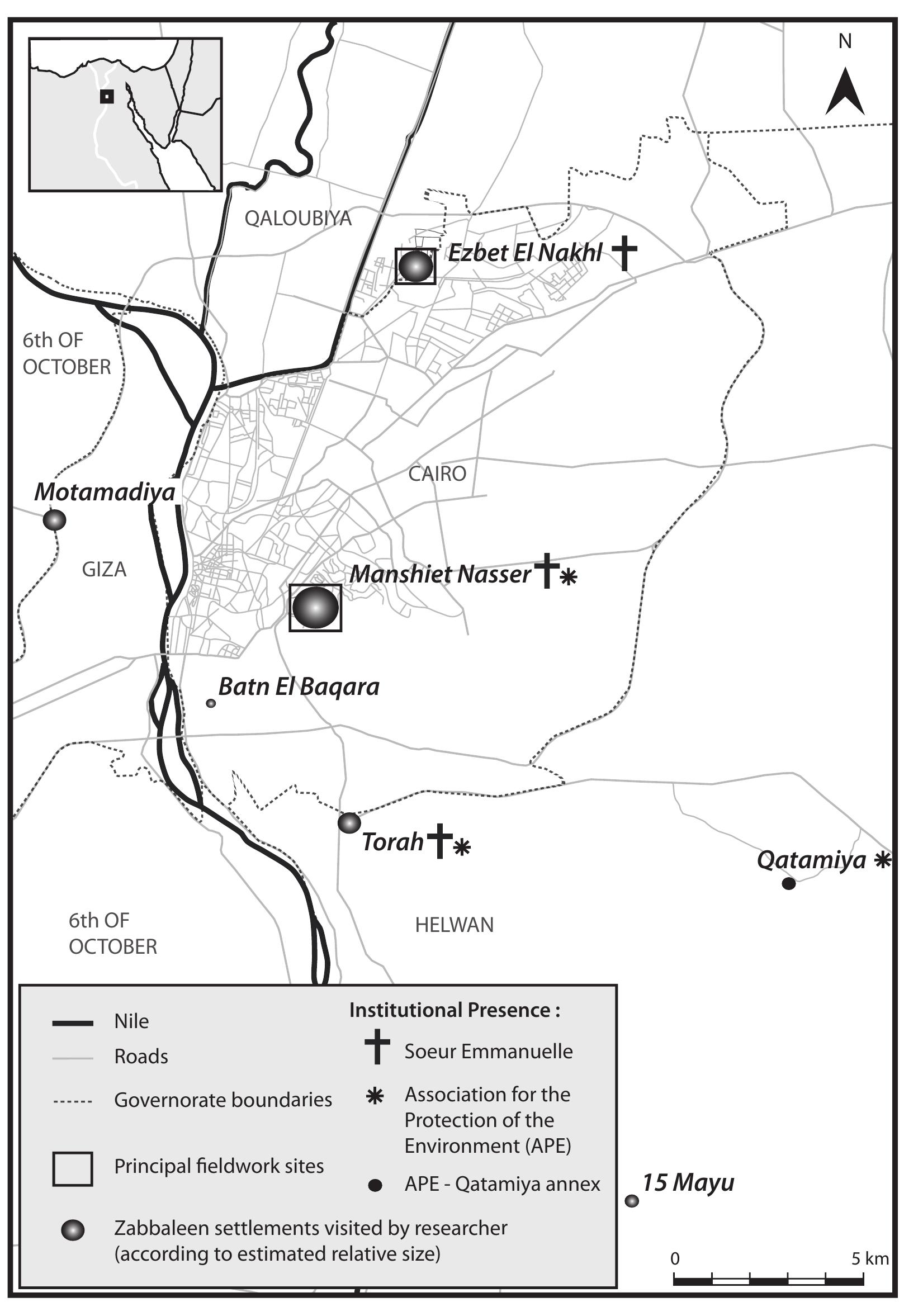 MAP 1. Greater Cairo, showing various Zabbaleen settlements (zarayib) Source: Author/MOM Cartography Department 