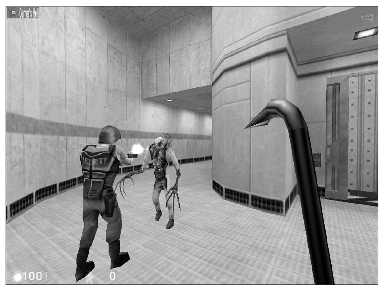 Fig. 2. A scene from the popular FPS Half-Life, in which the player’s character is represented only by the crowbar emerging from the right side of the screen.'° 