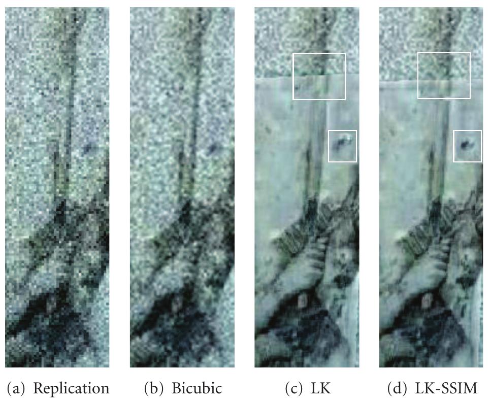 Figure 7: Close-up of replication and bicubic resizing method, the method introduced in Amintoosi et al. [9] for enhancing the image shown in Figure 4(a) using HR image 4(b) with LK-algorithm and the proposed method as the area-based registration stage. 