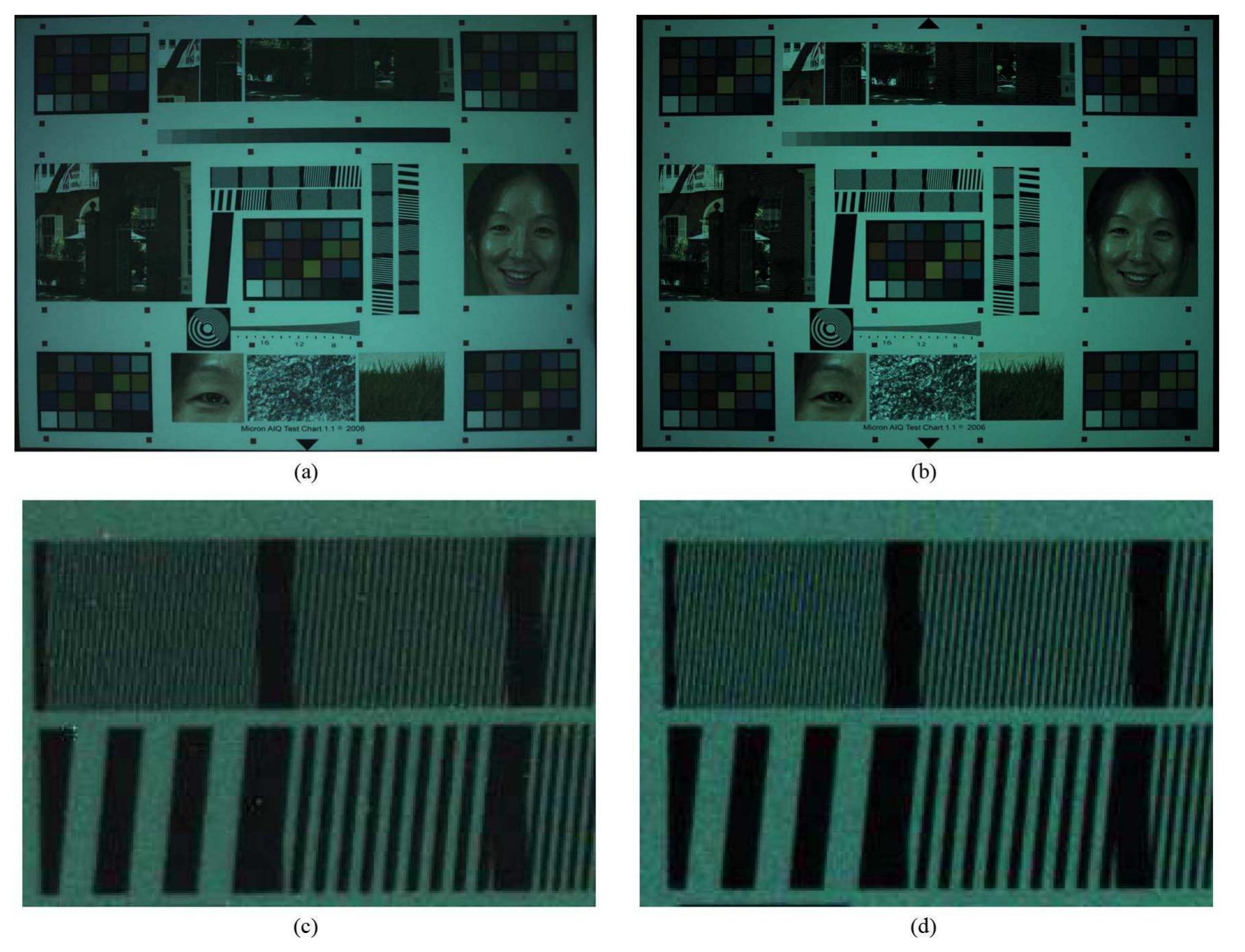 Fig. 10. Comparison of the captured one versus the simulated images at 10 and 300 Ix. The images at 10 lx were cropped out with 100% zoom. The MT9T012 sensor was used. (a) Captured at 300 Ix. (b) Simulated at 300 Ix. (c) Captured at 10 1x (100% zoom). (d) Simulated at 10 lx (100% zoom). 