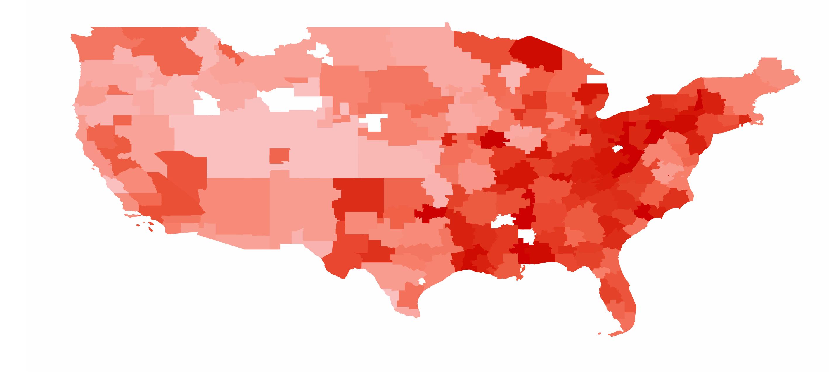 Racially Charged Search, Media Market  Notes: This maps search volume for “nigger(s),” from 2004-2007, at the media market level. The numbers were obtained by an algorithm  explained in Appendix|B] Darker areas signify higher search volume. White areas signify media markets without data. Alaska and Hawaii, for  which data are available, are not shown. 