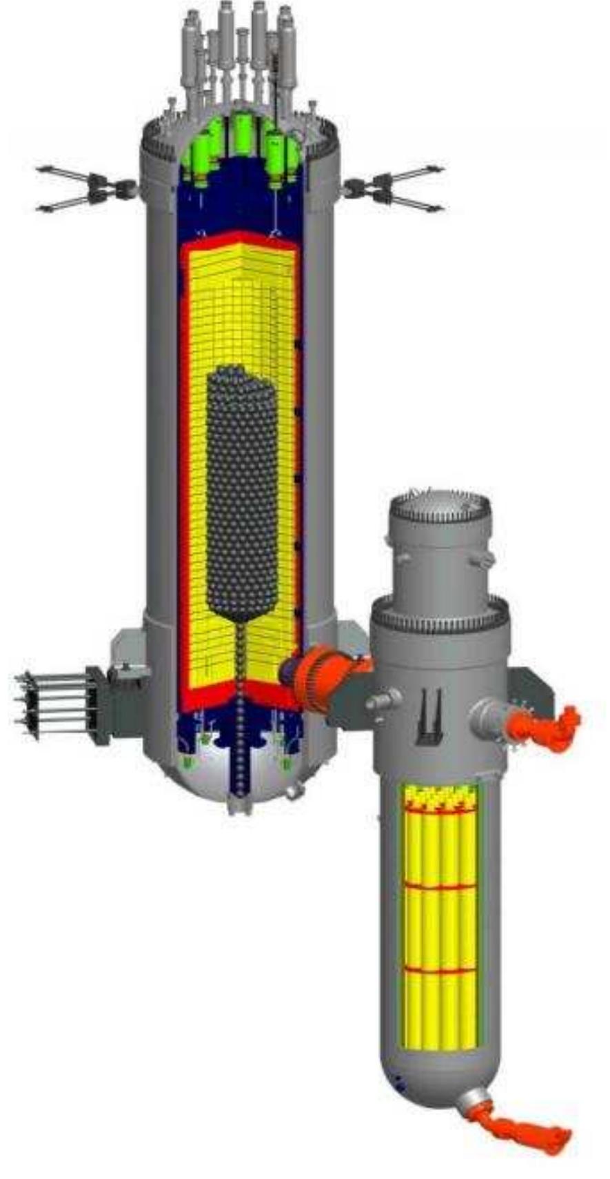 step towards a much grander setup; a 600 MWe Multi-Module HTR-PM. Model calculations in this thesi: will be based on this design.  .s can be derived from Figure 5.5, a single HTR-PM module is comprised out of a steam generator (lower ight) and a reactor core (upper right), located in separate pressure vessels and connected by means of a orizontal hot gas duct. These three components are located within a concrete containment structure. Helium irculation is realized through a helium blower mounted in the top of the steam generator pressure vessel. It nters the reactor core at 250 °C, through borings in the outer side of the reflector, and following a single ass through the core, it heated up to a temperature of 750 °C at the outlet. Designing the cold channels to ass through the graphite performs essential cooling to the metal outer wall of the reactor pressure vessel, yhich provides structural support to the ceramic internals. 