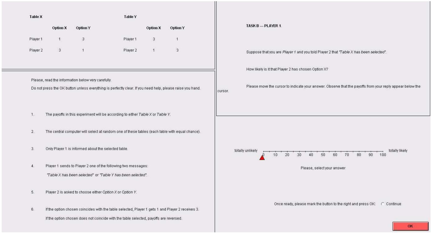 Figure 3: Screen 3 corresponds to Task B for Player 1. Subjects have to state their first-order belief in the role of the sender (the probability that the receiver trusts). As soon as the subject moves the cursor, the payoffs from the resulting decision emerge below the scrollbar. Hence, the subject can revise her/his decision until she/he feels confident about her/his choice. 