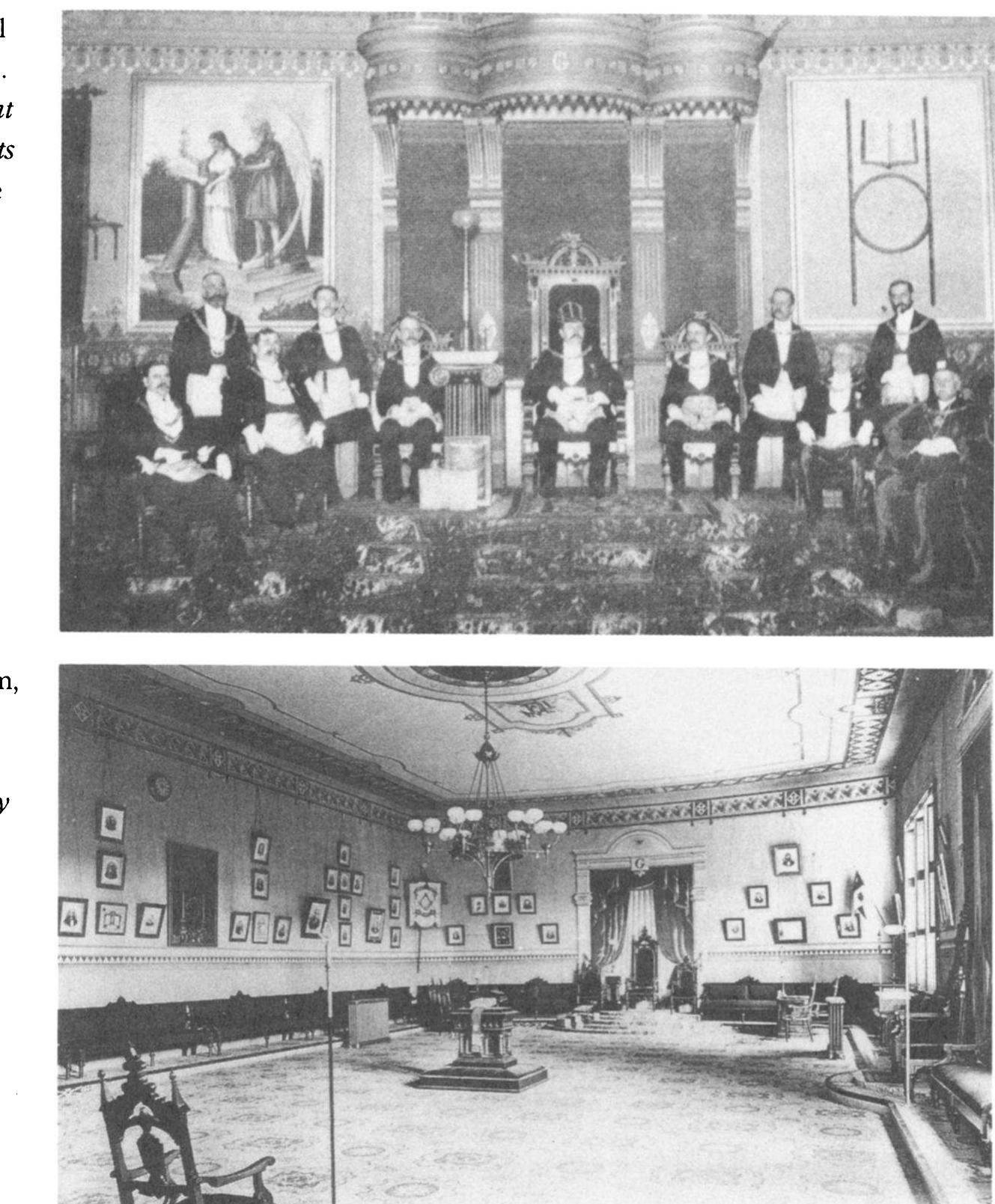 who v top hat, through the altar, and ends with t... --...or warden, sitting with his back to the viewer. The secondary axis is perpendicular to the primary one, and runs from the junior war- den on the right through the altar to the far wall splitting the room in the other direction. In the Milford lodge room, this axis terminates with a large emblematic painting on the far wall (fig. 3.4). In Halcott’s floor plan, the presence of the axes is indicated by the elevated platforms meant for the 