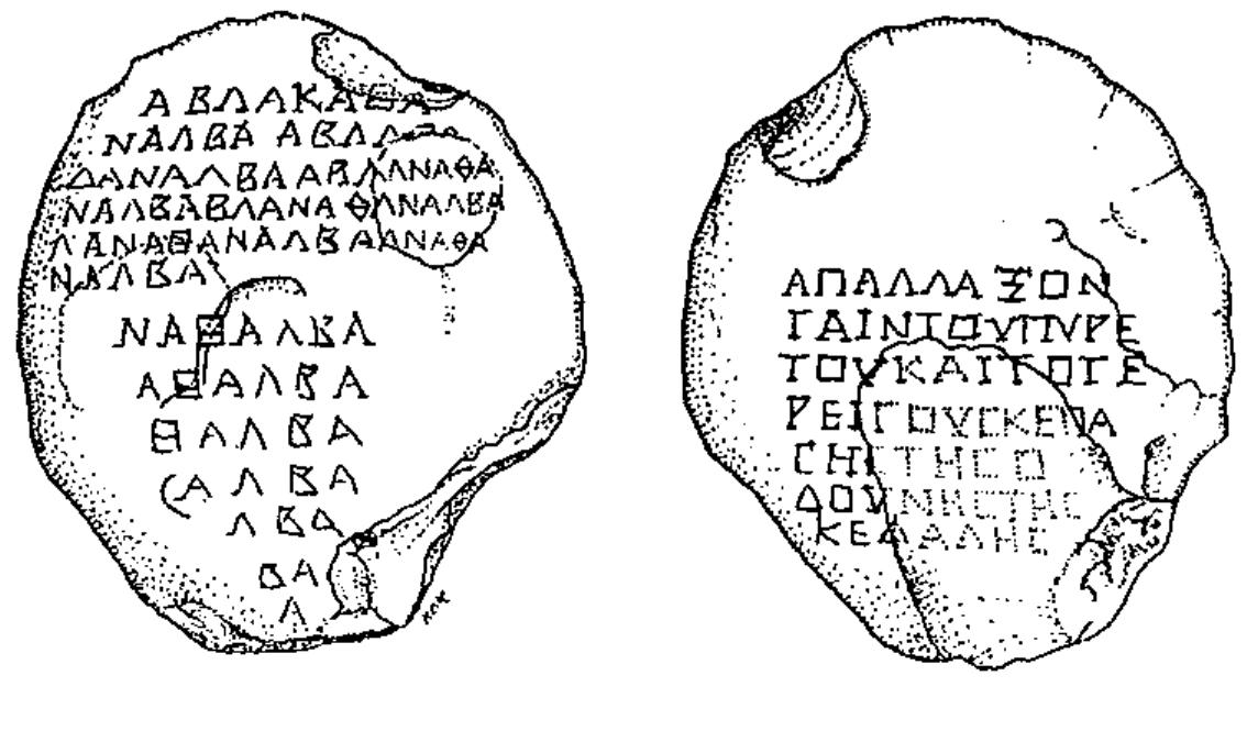 SS Re aad  Other cases where scribes write a disappearing name in linear form or catch themselves in mid-formula suggest that the oral performance of these vanishing words persisted in antiquity, for example, on a fever charm carved into a somewhat battered grayish-white agate gemstone in the Getty Villa Museum (73.AN.1). Here the scribe started to write on the obverse (the left side in Figure 1.4) a corrupted form of the disappearing word ablanathanalba in linear fashion, but then switched mid-way to a wing-formation:?”  It is difficult to know why this scribe suddenly changes from linear to triangular format, but here we can see that the triangle and the prayer, which appears on the reverse side, are independent of one another (both are discussed below near the beginning of the next chapter).** I should point out, moreover, that both could be performed and comprehended orally.  This amulet is, then, composed of four independent speech-acts, each independently designed to protect a house or shop from scorpions. The scribe, moreover, seems tc emphasize their independence, by starting each charm at the beginning of a new line in the papyrus (I have illustrated these divisions above by inserting horizontal spaces in the text): (1) the disappearing name preceded by a cross and followed by two names for the 